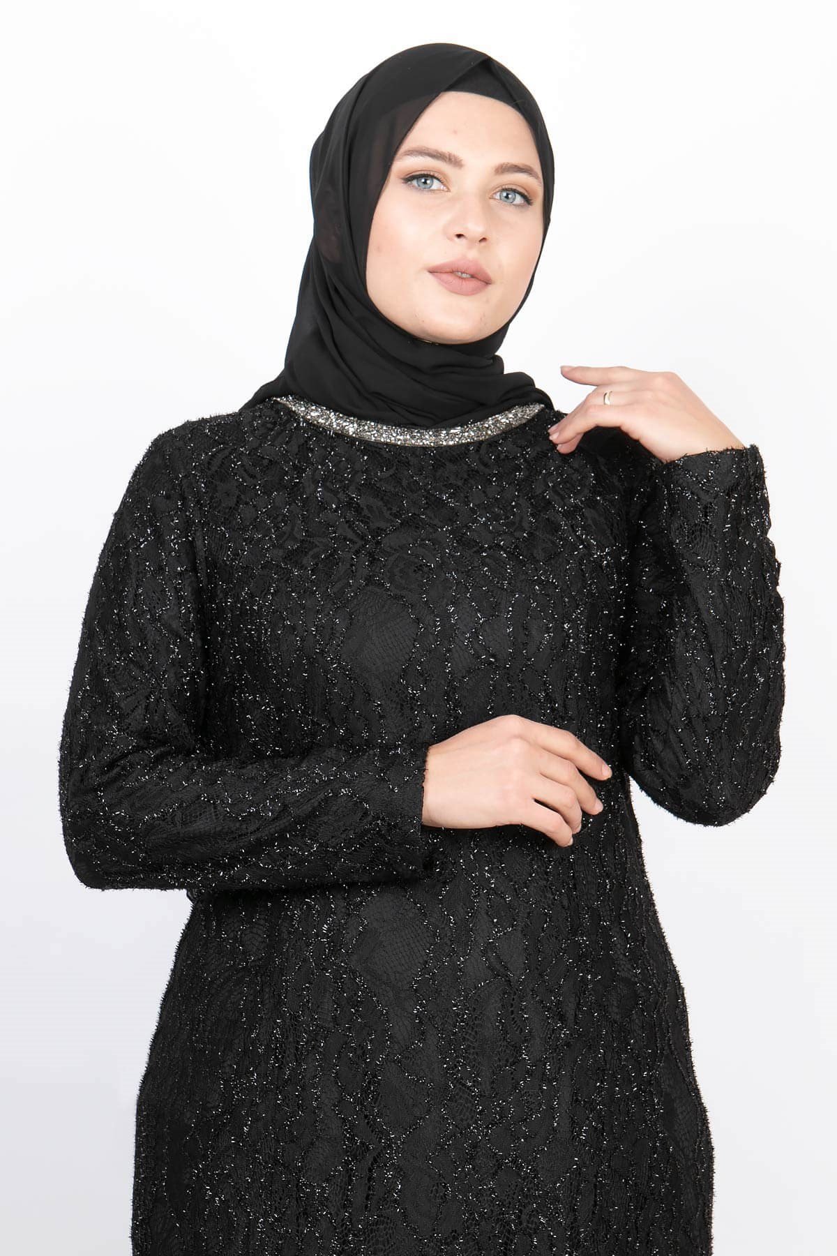 Taş İşleme Detaylı Simli Abiye Siyah MDA2167MDA2167-SİYAHMDA