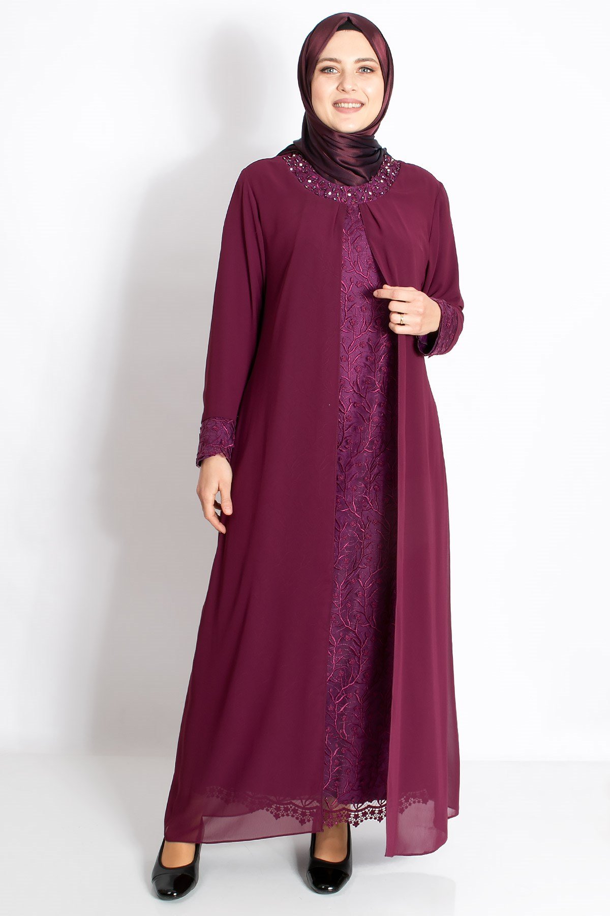 Dantel Detaylı Şifon Abiye Açık Mürdüm MDA2204MDA2204-AÇIK MÜRDÜMMDA