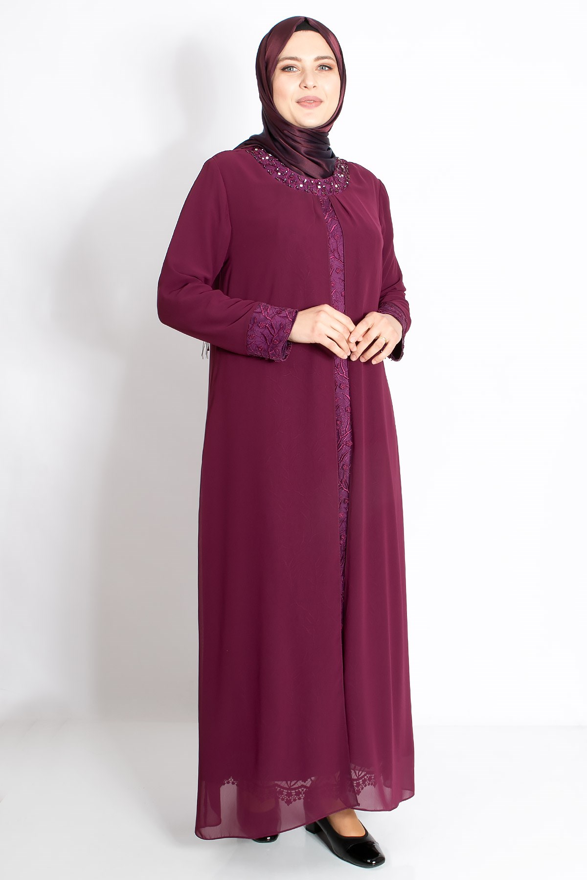 Dantel Detaylı Şifon Abiye Açık Mürdüm MDA2204MDA2204-AÇIK MÜRDÜMMDA