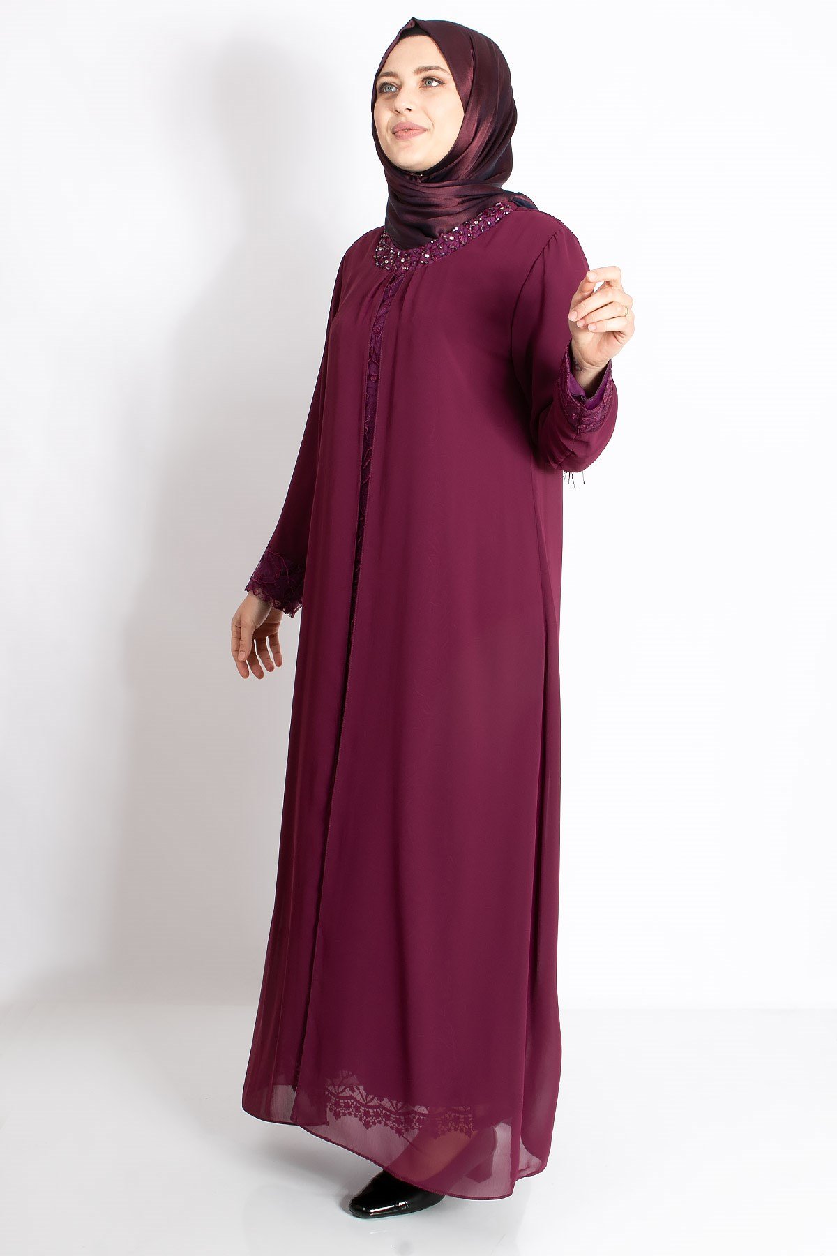 Dantel Detaylı Şifon Abiye Açık Mürdüm MDA2204MDA2204-AÇIK MÜRDÜMMDA