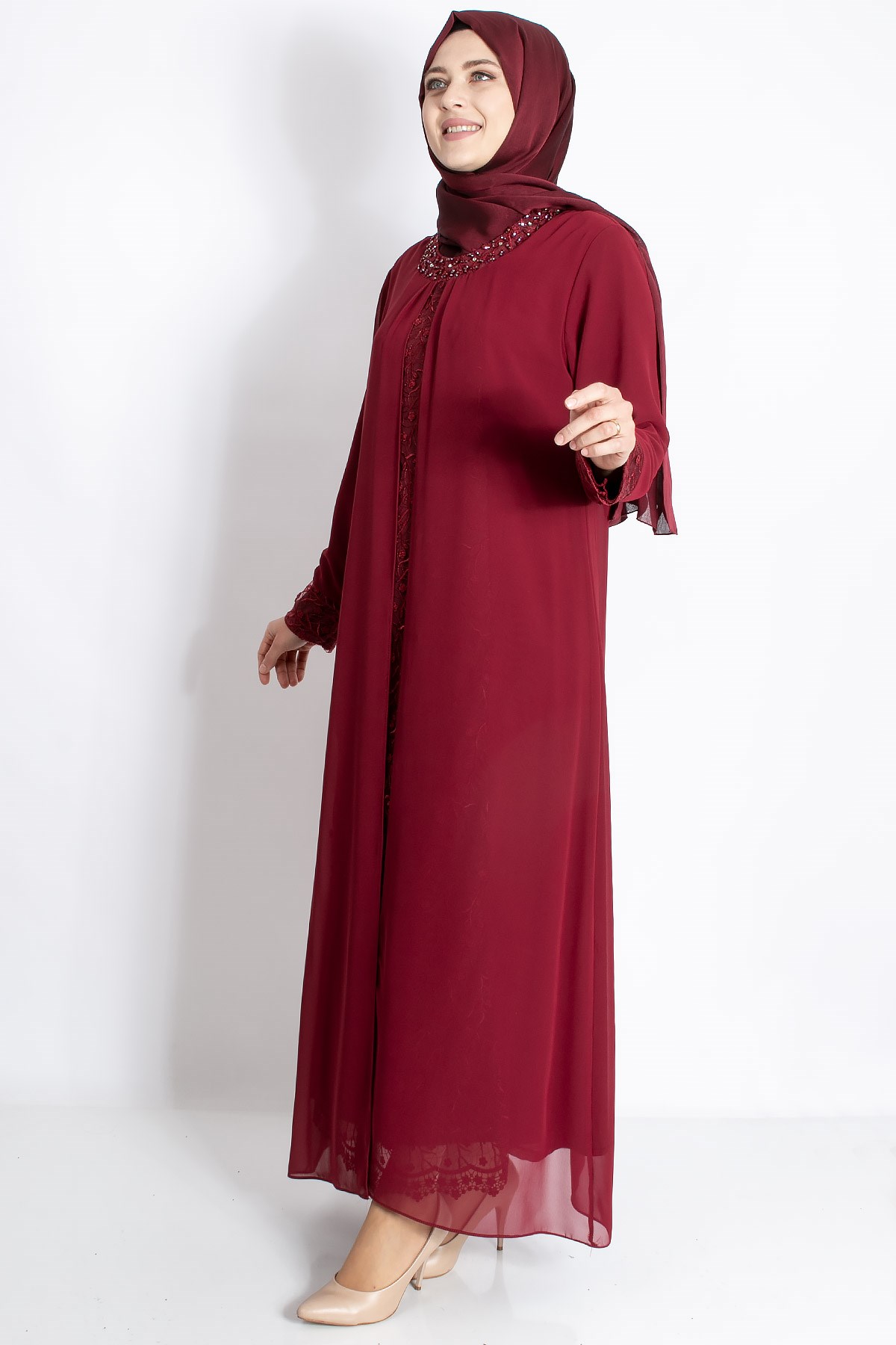 Dantel Detaylı Şifon Abiye Bordo MDA2204MDA2204-BORDOMDA
