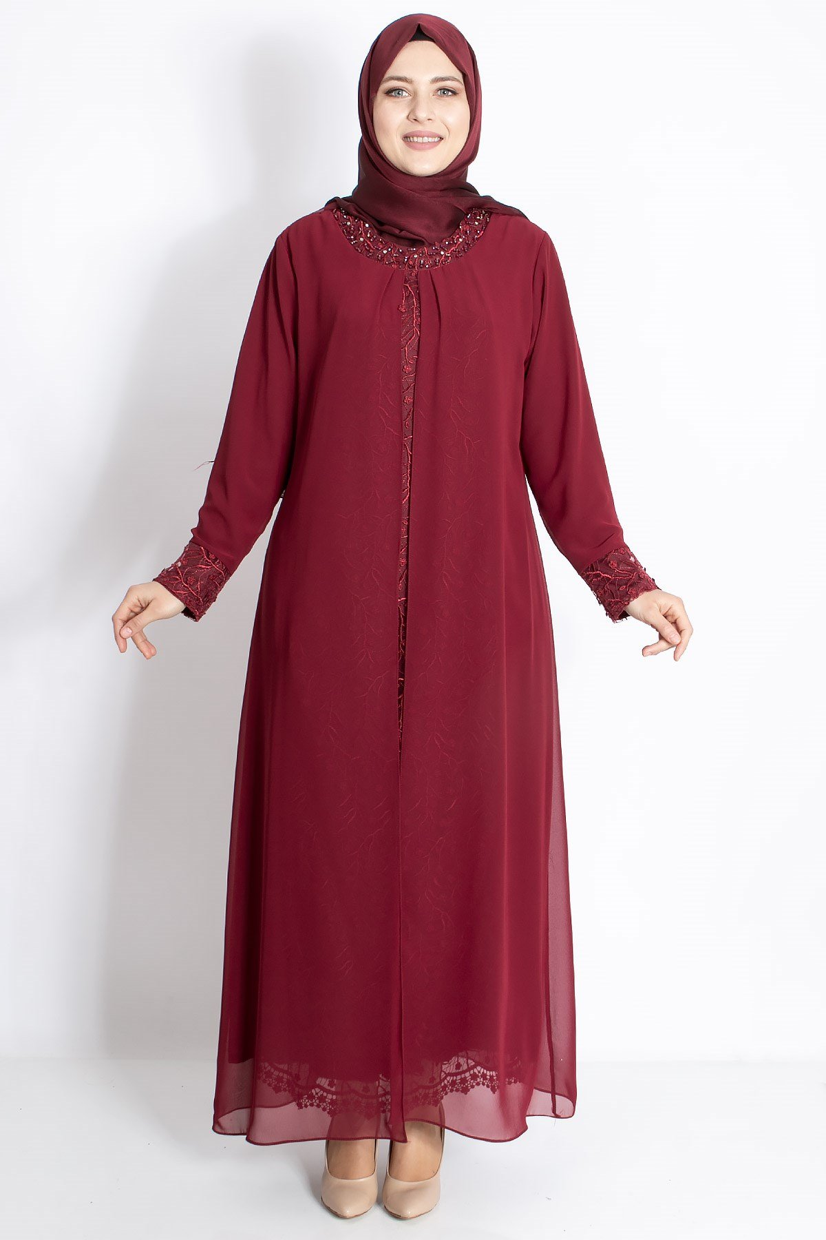 Dantel Detaylı Şifon Abiye Bordo MDA2204MDA2204-BORDOMDA
