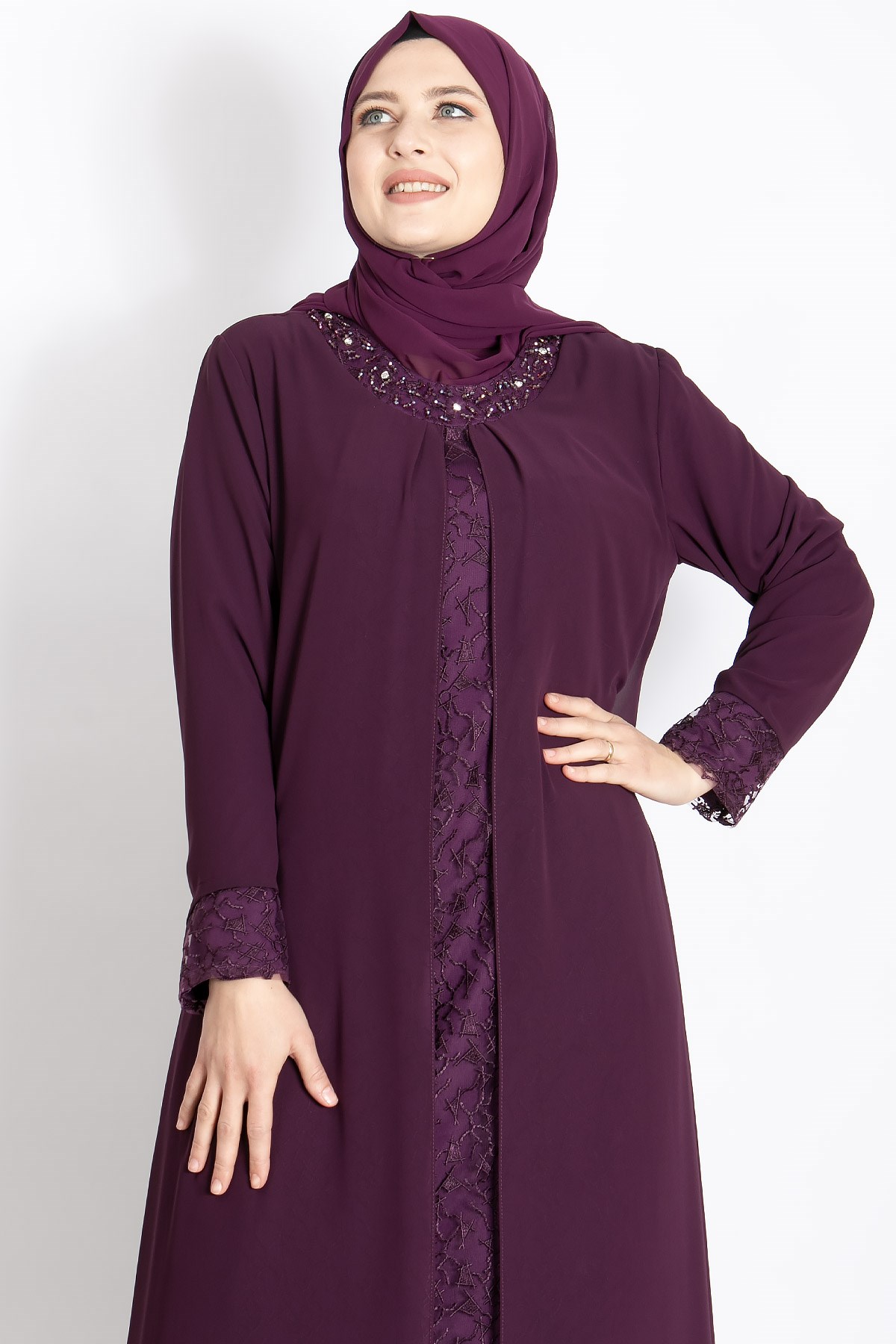 Dantel Detaylı Şifon Abiye Mürdüm MDA2204MDA2204-MÜRDÜMMDA