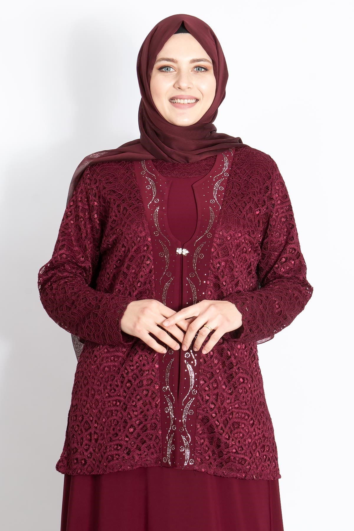 Dantel Detay Ceketli Abiye Takım Bordo MDA2208MDA2208-BORDOMDA