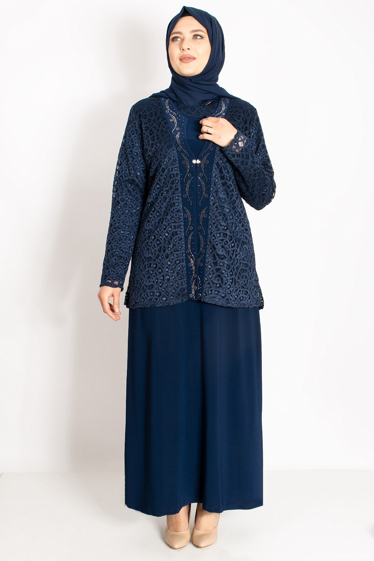 DANTEL DETAY CEKETLİ ABİYE TAKIMMDA2208-LACİVERTMDA