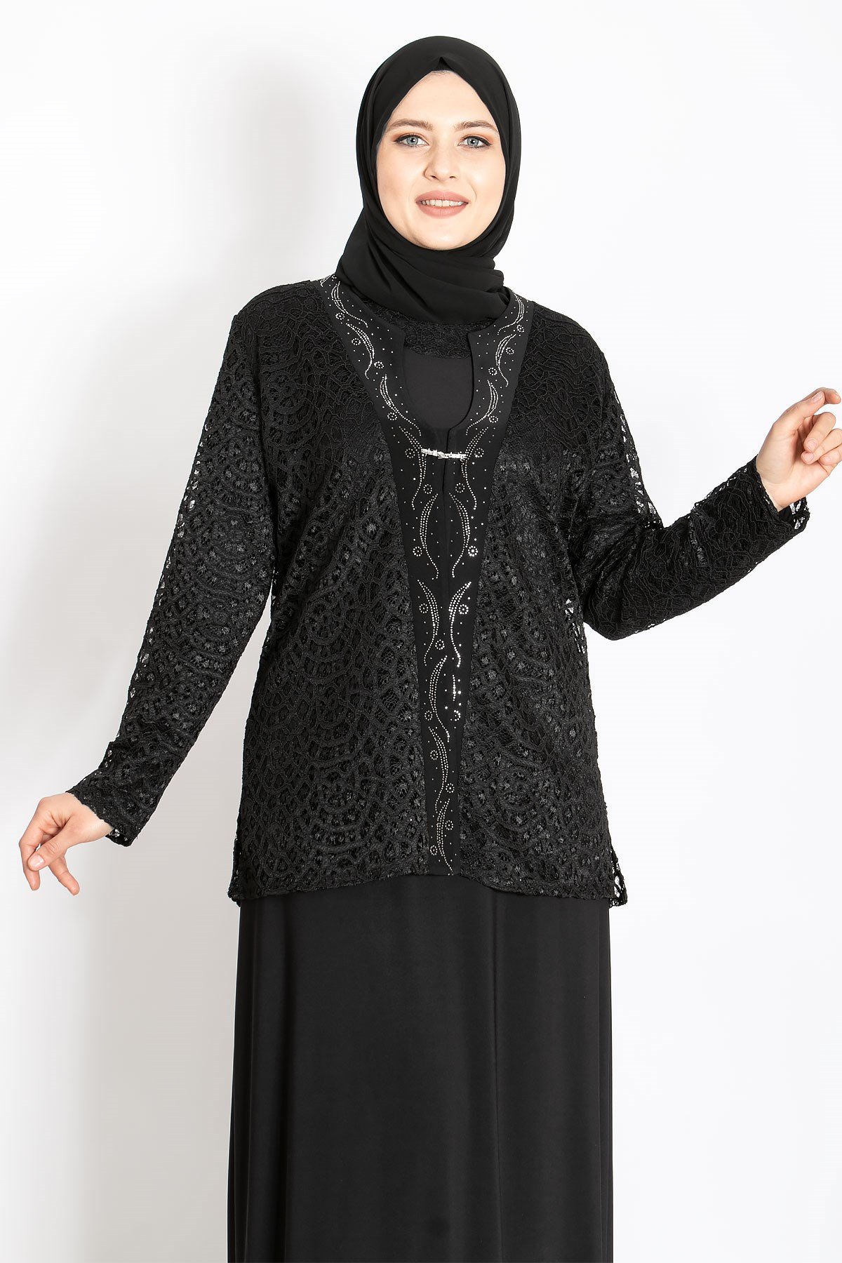 Dantel Detay Ceketli Abiye Takım Siyah MDA2208MDA2208-SİYAHMDA