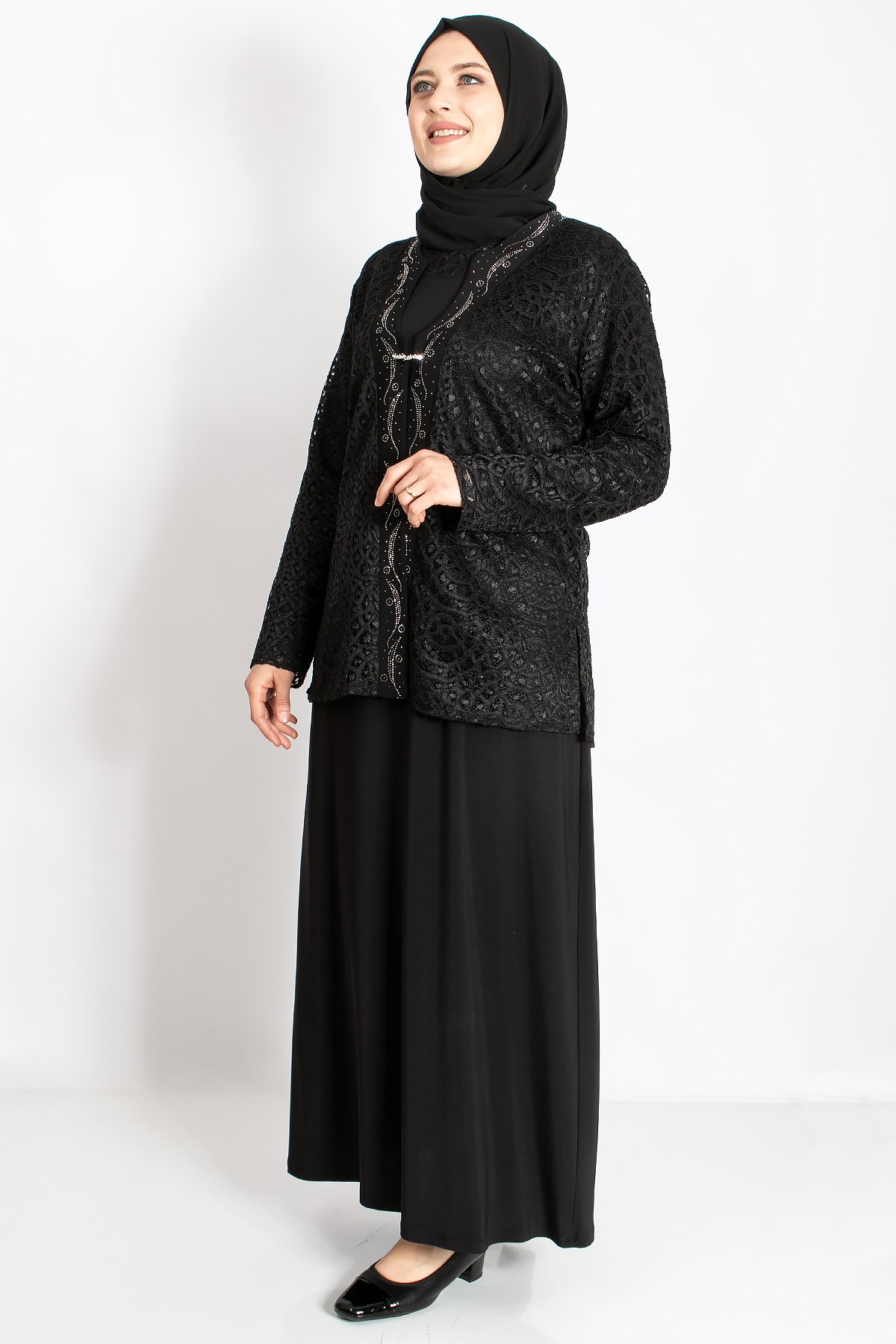 Dantel Detay Ceketli Abiye Takım Siyah MDA2208MDA2208-SİYAHMDA