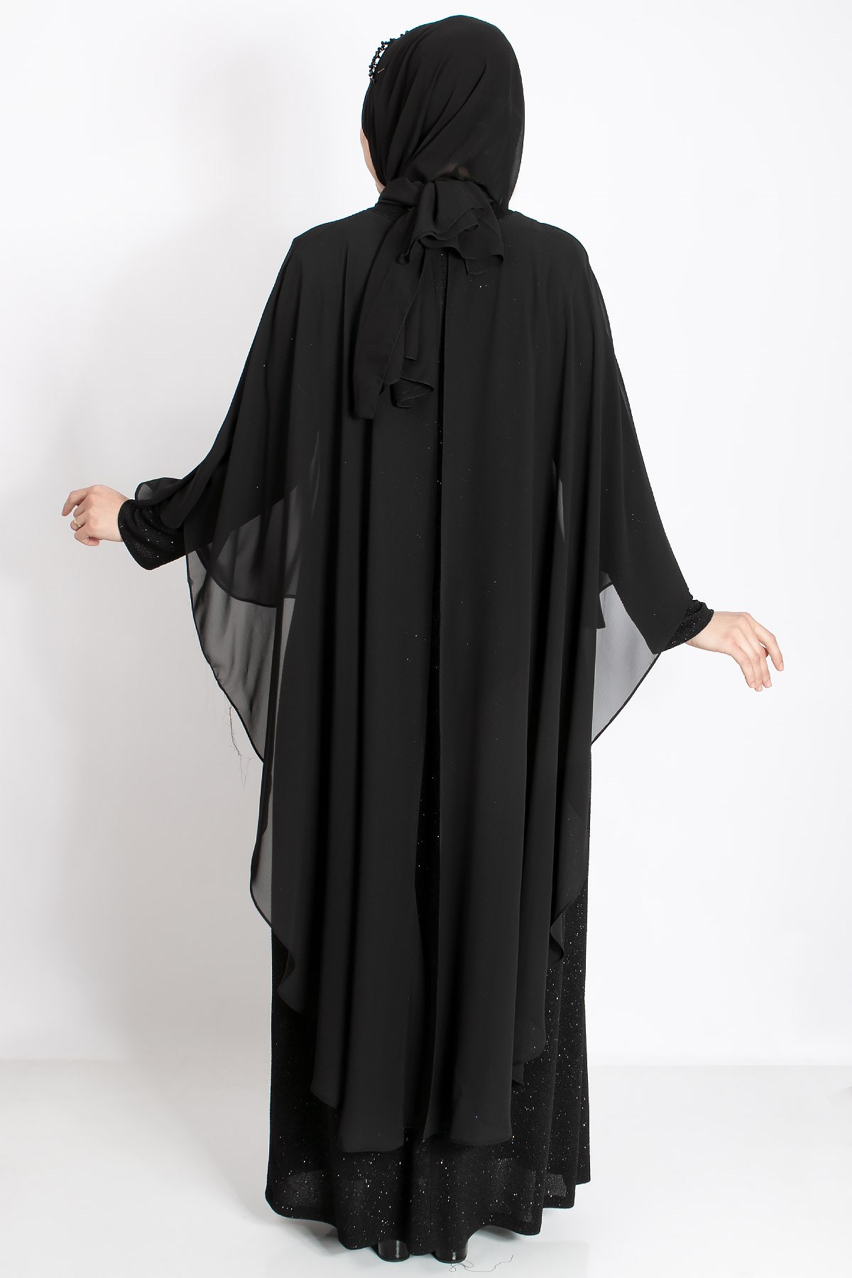 KOLYE DETAYLI SİMLİ PELERİNLİ ABİYEMDA2212-SİYAHMDA