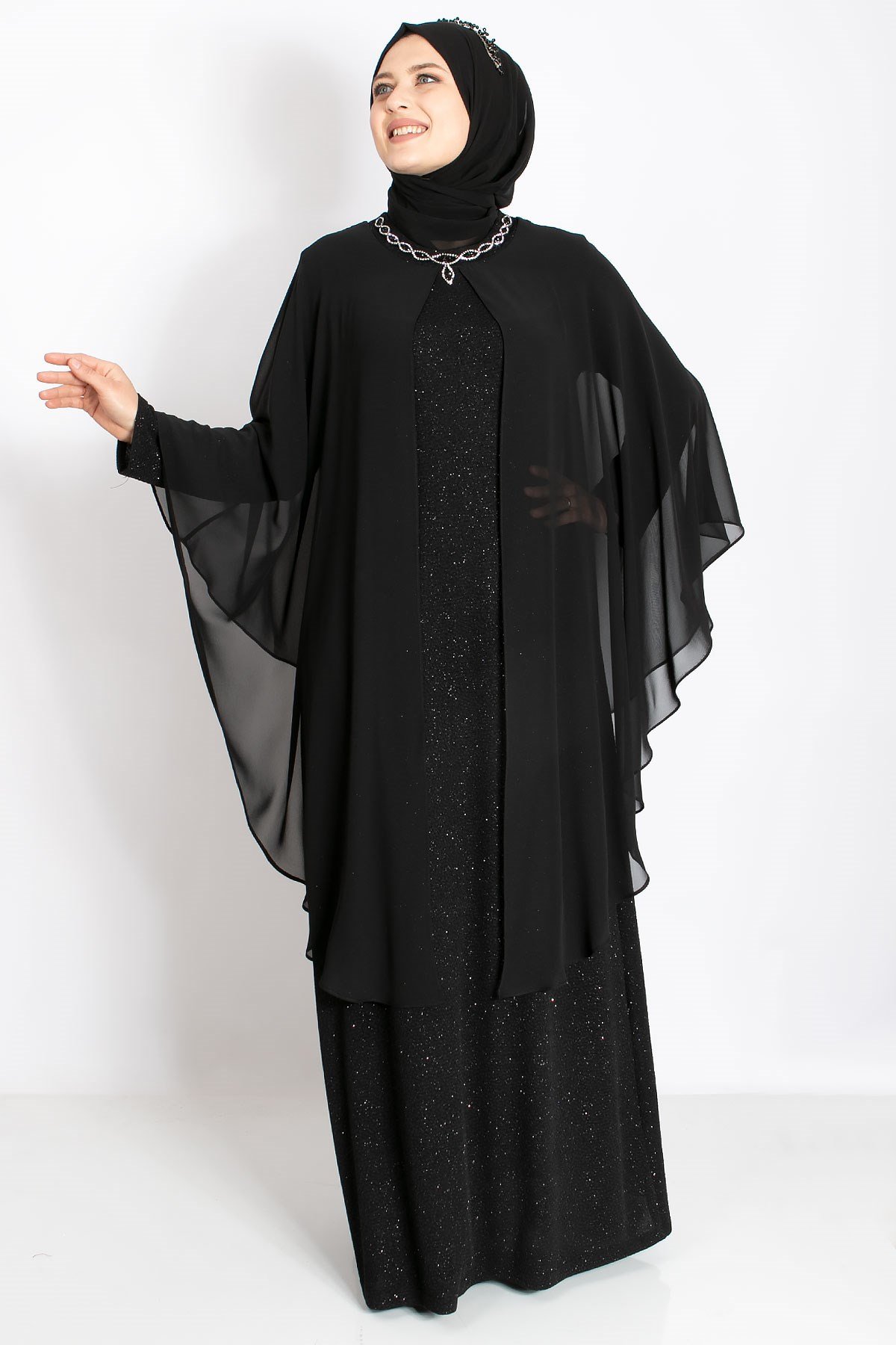 Kolye Detaylı Pelerinli Simli Abiye Siyah MDA2214MDA2214-SİYAHMDA