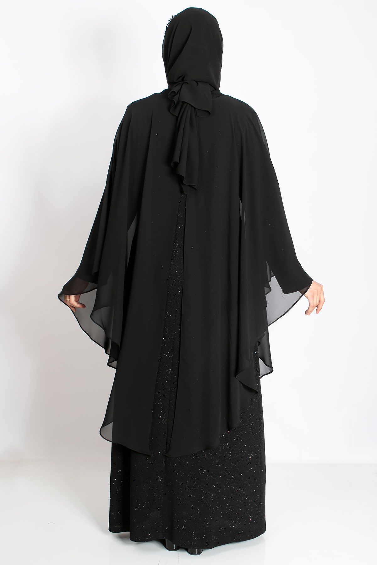 Kolye Detaylı Pelerinli Simli Abiye Siyah MDA2214MDA2214-SİYAHMDA