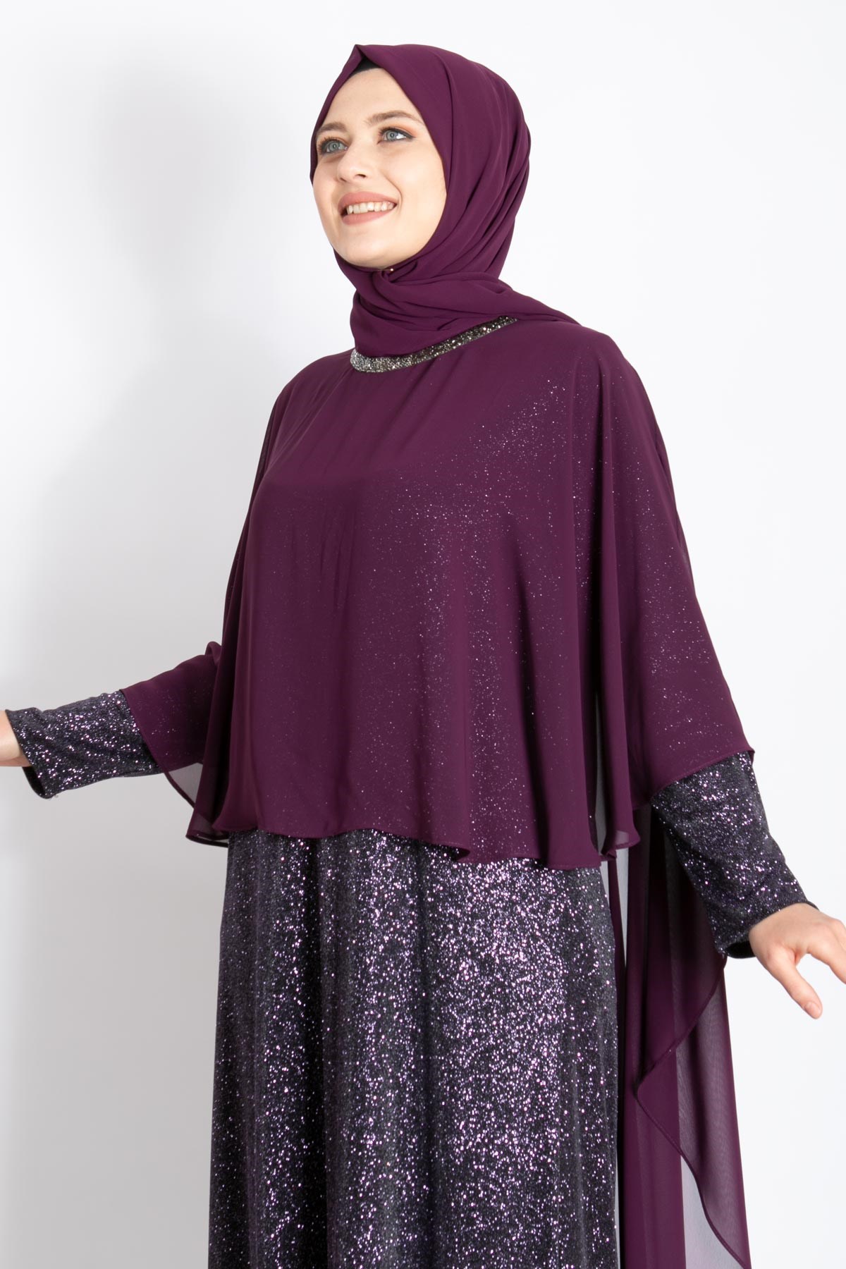 Pelerinli Simli Abiye Mürdüm MDA2216MDA2216-MÜRDÜMMDA