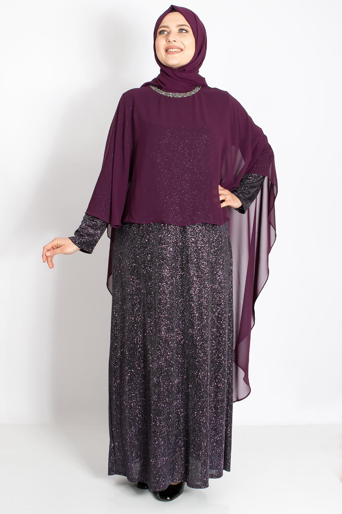 Pelerinli Simli Abiye Mürdüm MDA2216MDA2216-MÜRDÜMMDA