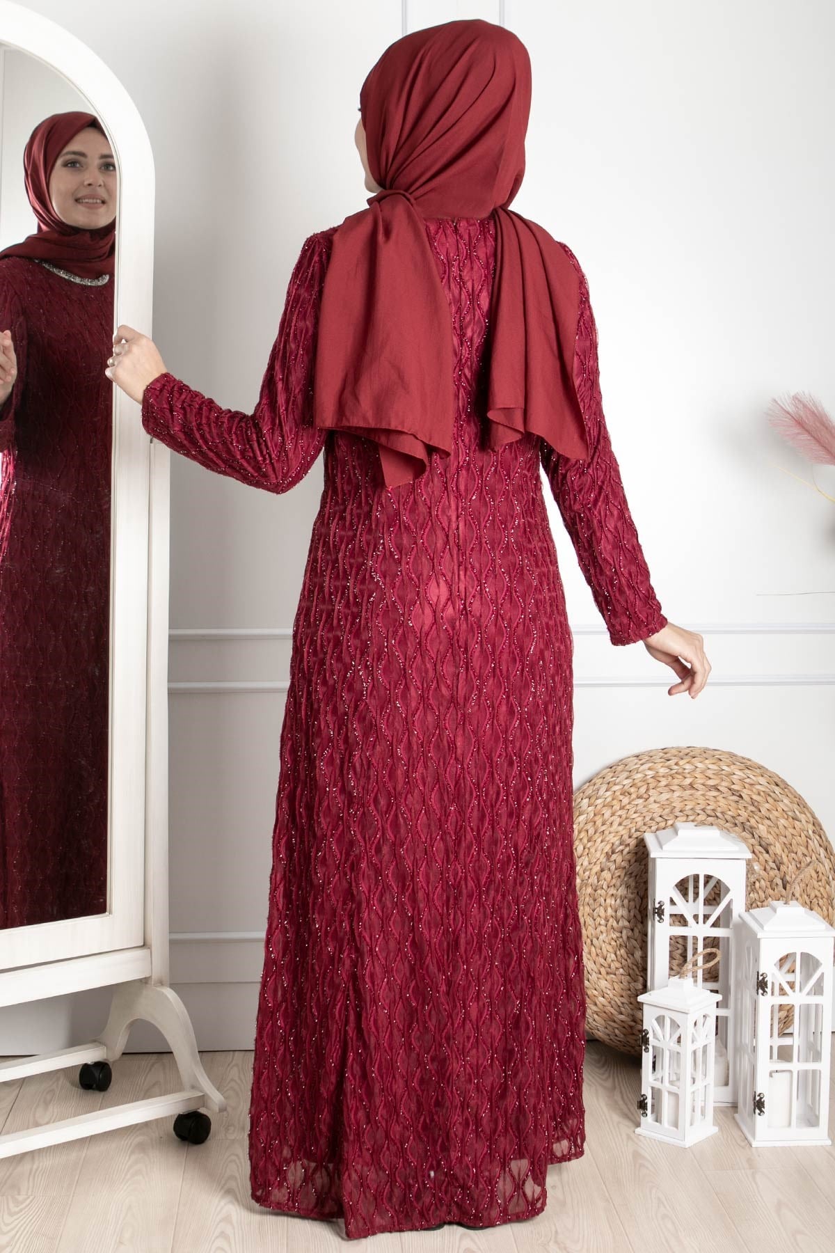 Stone Embroidered Detailed Silvery Evening DressClaret Red MDA2232MDA2232-BORDOMDA