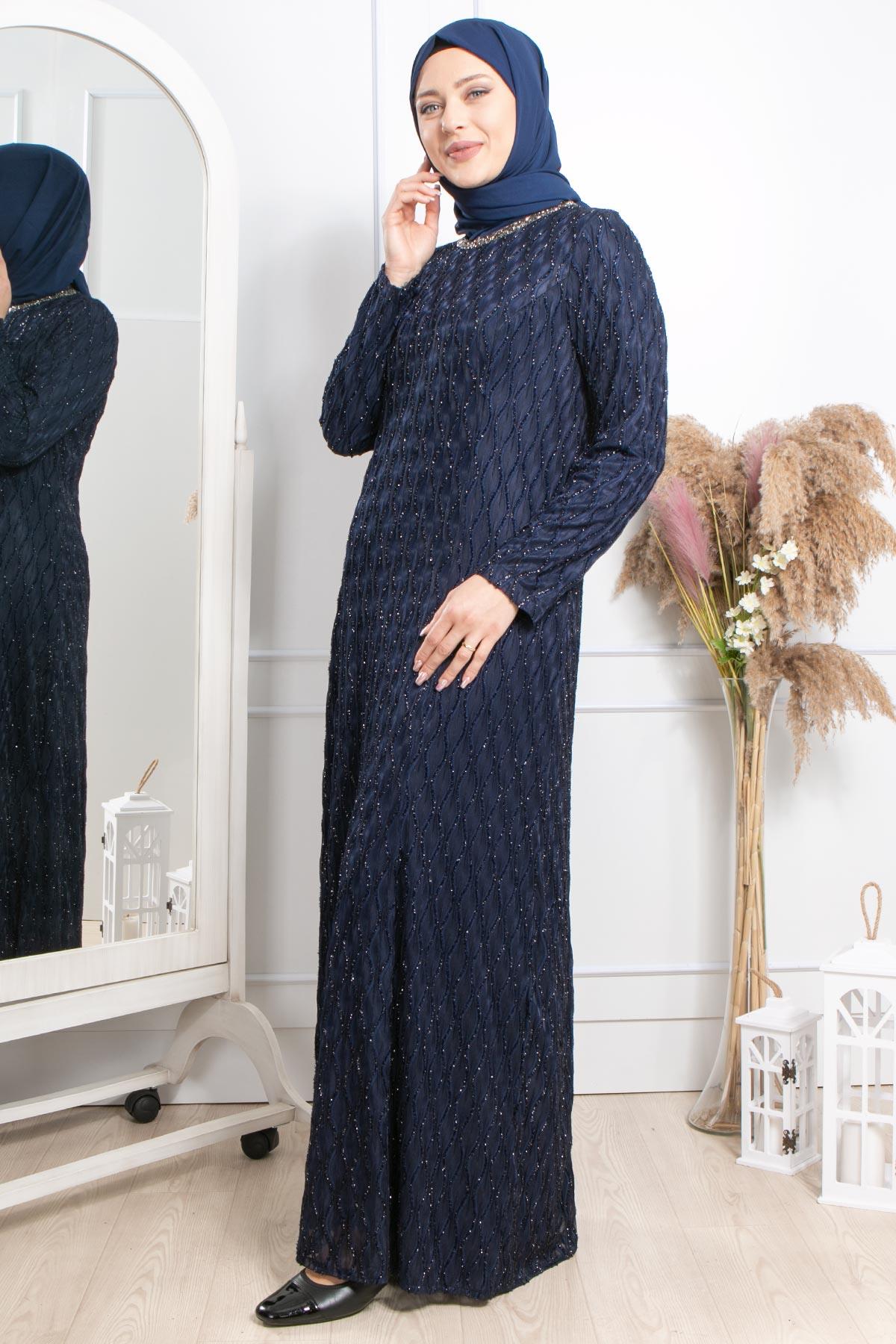 Taş İşleme Detaylı Simli Abiye Koyu Koyu Lacivert MDA2232MDA2232-KOYU LACİVERTMDA