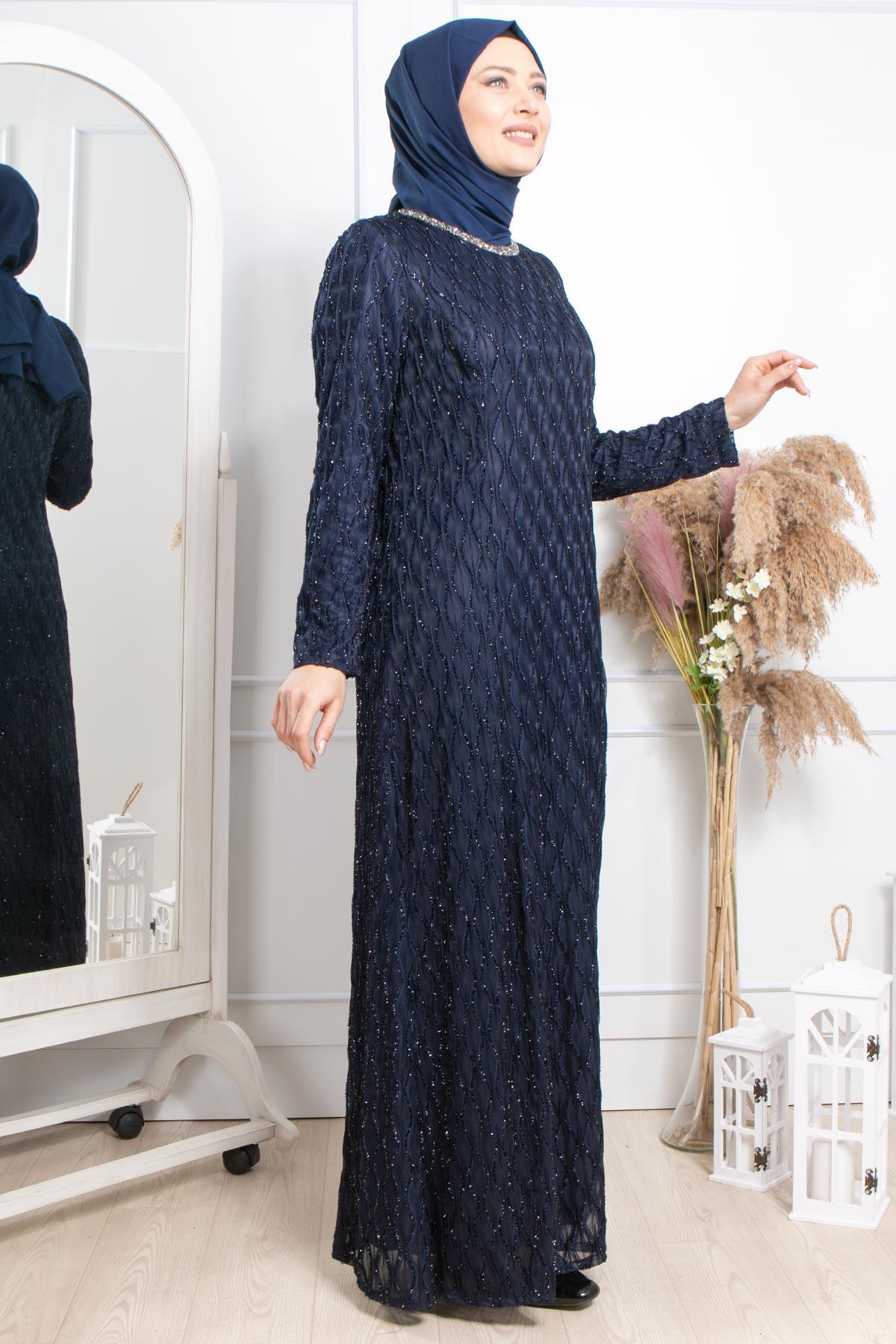 Taş İşleme Detaylı Simli Abiye Koyu Koyu Lacivert MDA2232MDA2232-KOYU LACİVERTMDA