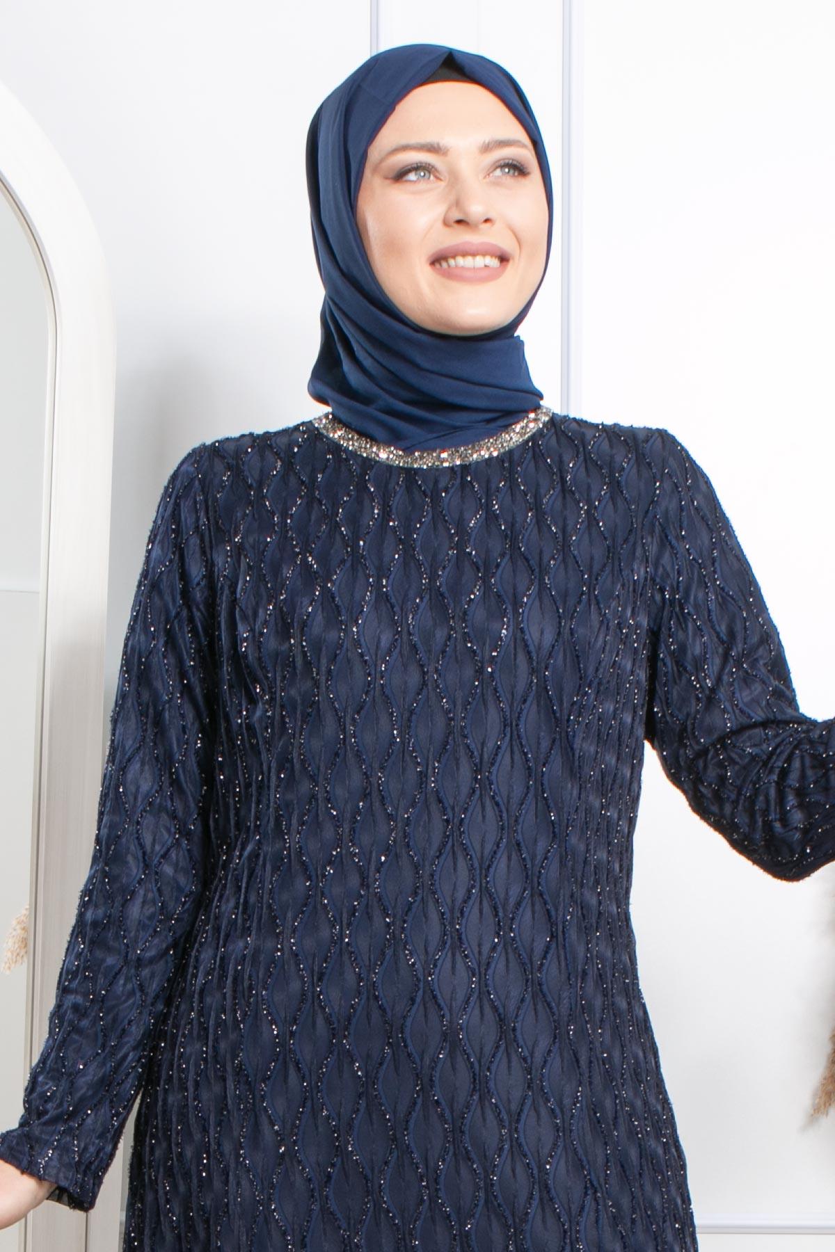 Taş İşleme Detaylı Simli Abiye Koyu Koyu Lacivert MDA2232MDA2232-KOYU LACİVERTMDA