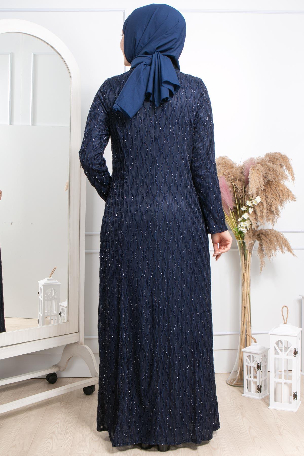 Taş İşleme Detaylı Simli Abiye Koyu Koyu Lacivert MDA2232MDA2232-KOYU LACİVERTMDA