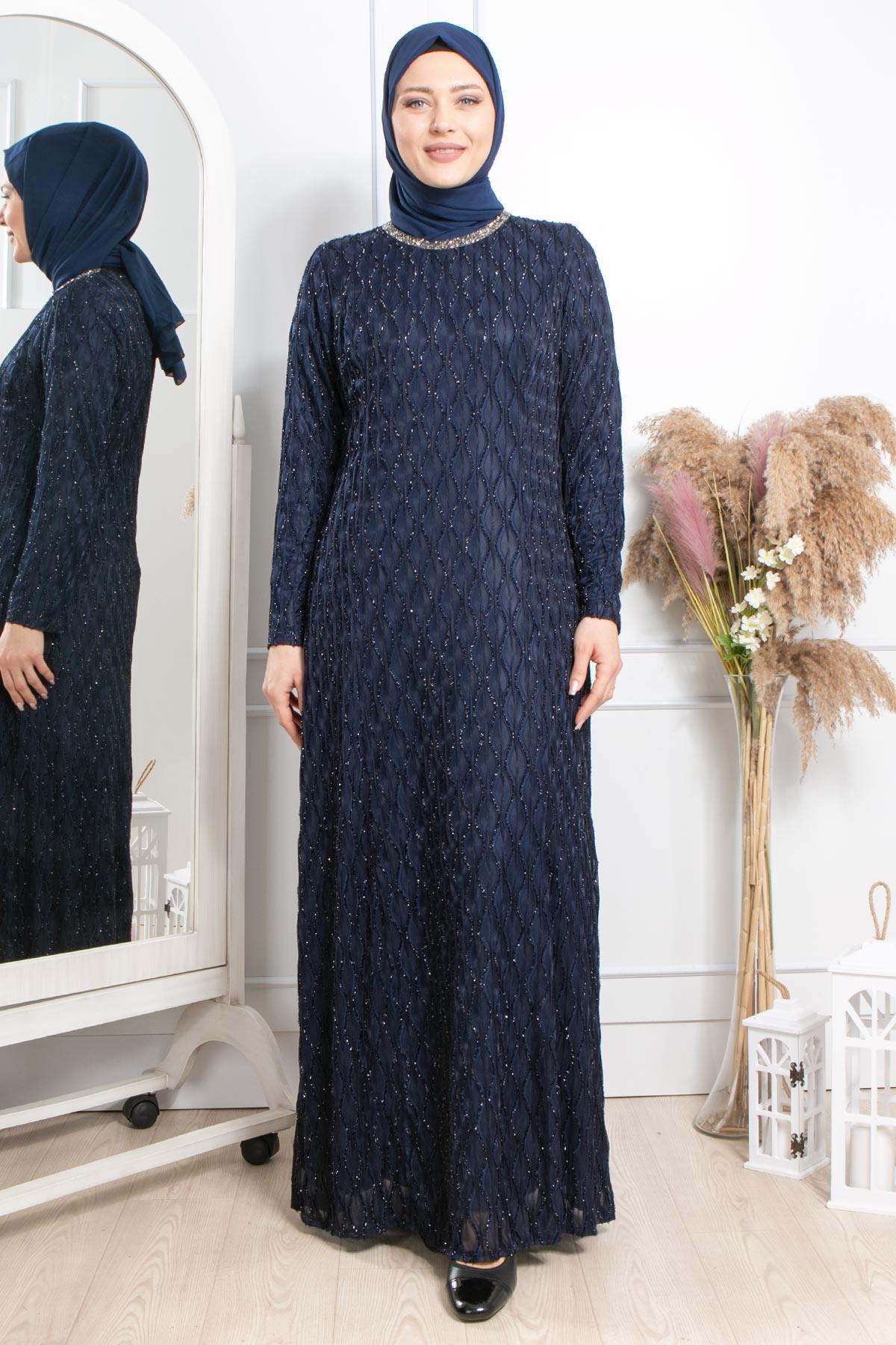 Taş İşleme Detaylı Simli Abiye Koyu Koyu Lacivert MDA2232MDA2232-KOYU LACİVERTMDA