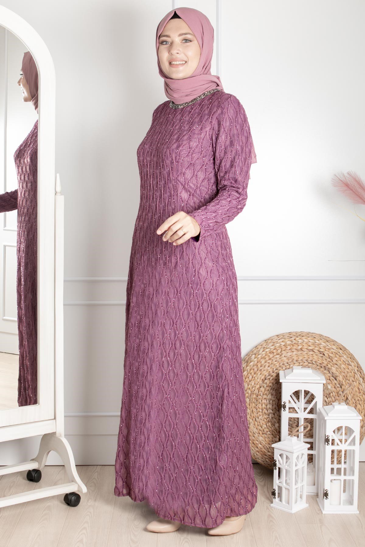 Taş İşleme Detaylı Simli Abiye Lila MDA2232MDA2232-LİLAMDA