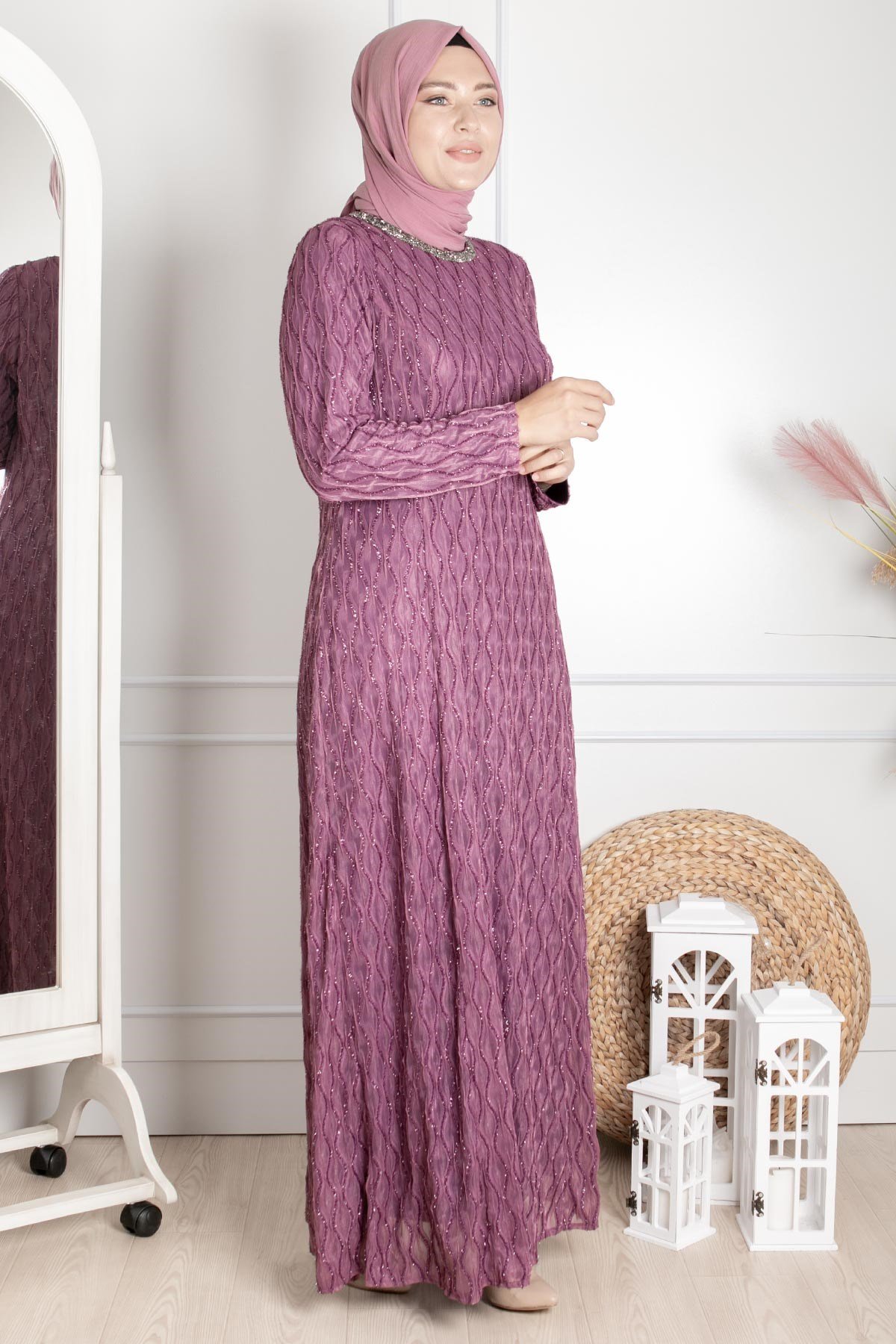 Taş İşleme Detaylı Simli Abiye Lila MDA2232MDA2232-LİLAMDA