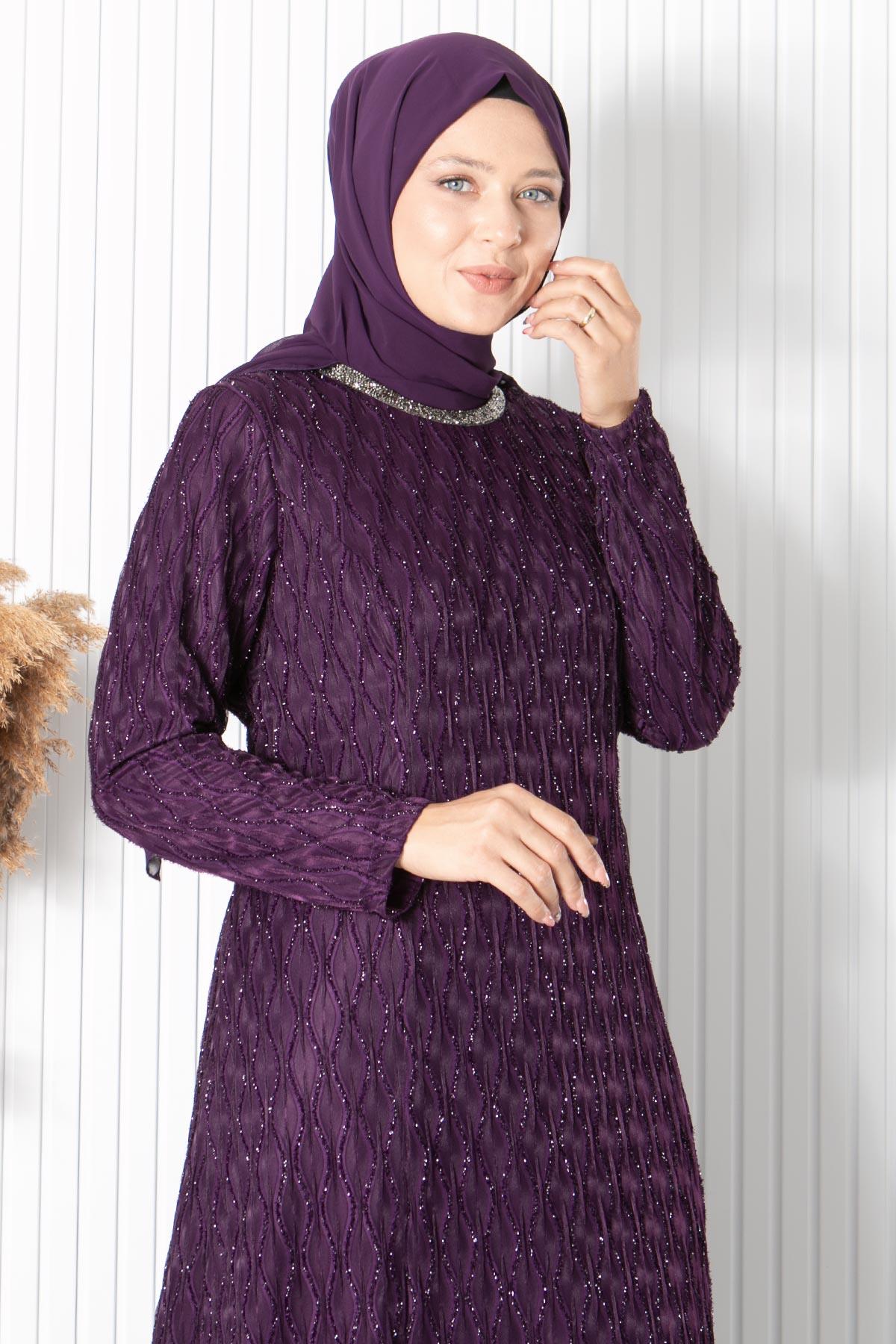 TAŞ İŞLEME DETAYLI SİMLİ ABİYEMDA2232-MÜRDÜMMDA