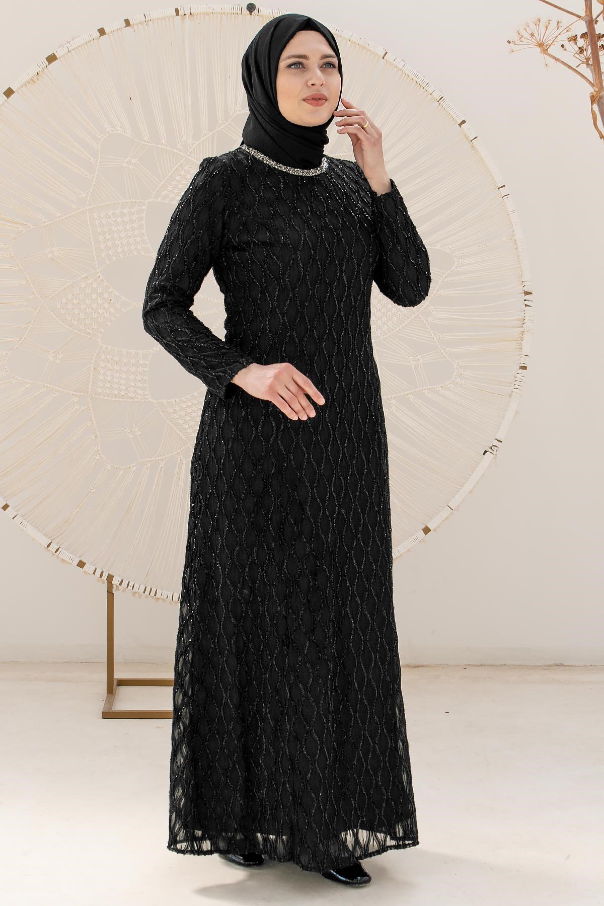 TAŞ İŞLEME DETAYLI SİMLİ ABİYEMDA2232-SİYAHMDA