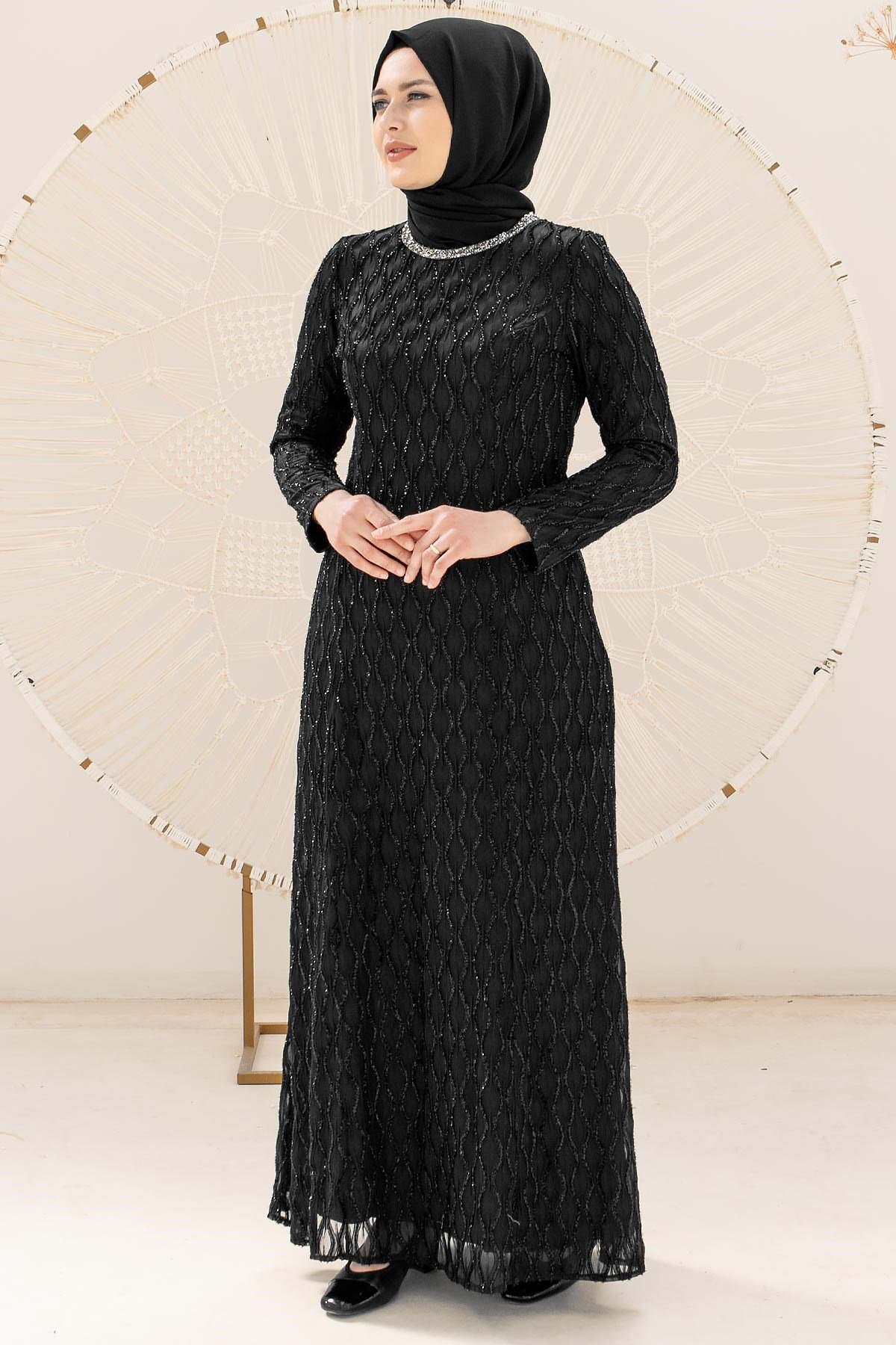 TAŞ İŞLEME DETAYLI SİMLİ ABİYEMDA2232-SİYAHMDA