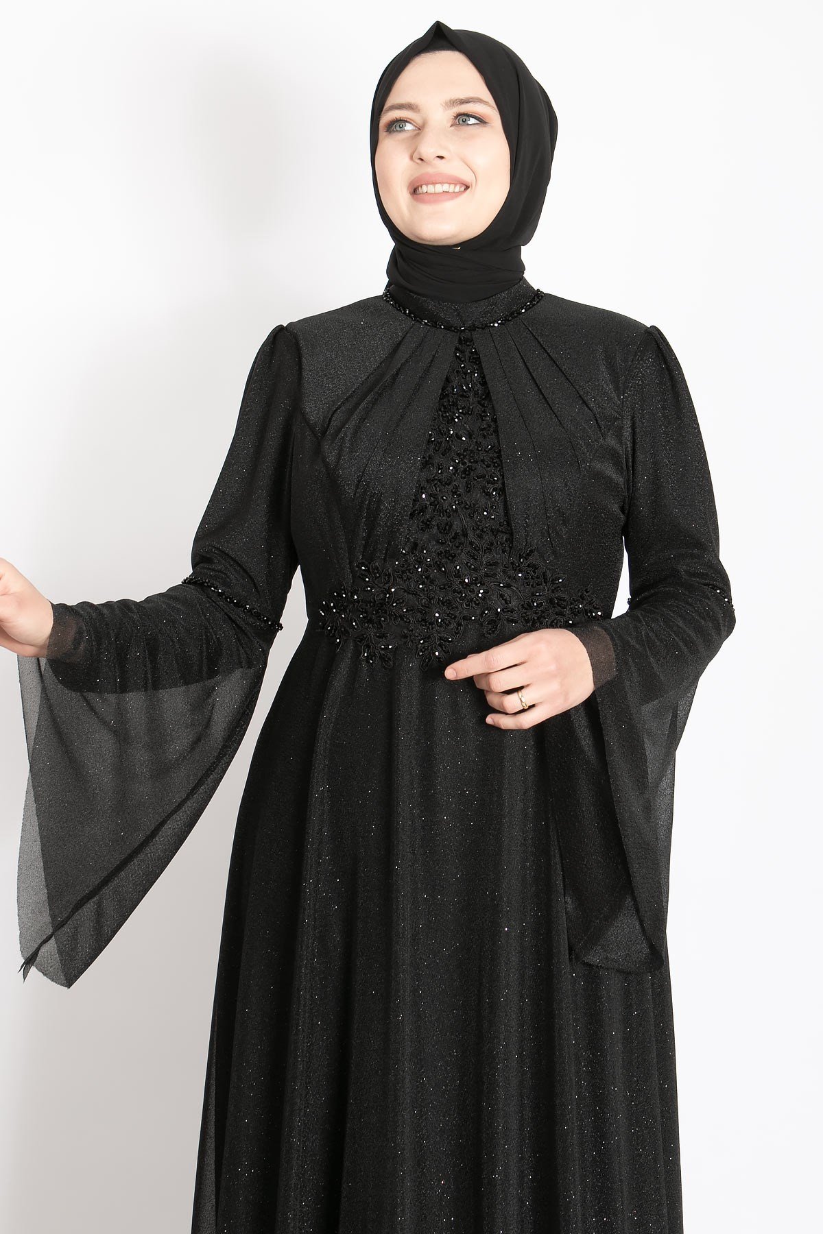 VOLAN KOL DETAYLI TAŞ İŞLEMELİ SİMLİ ABİYE MDA2252-SİYAHMDA