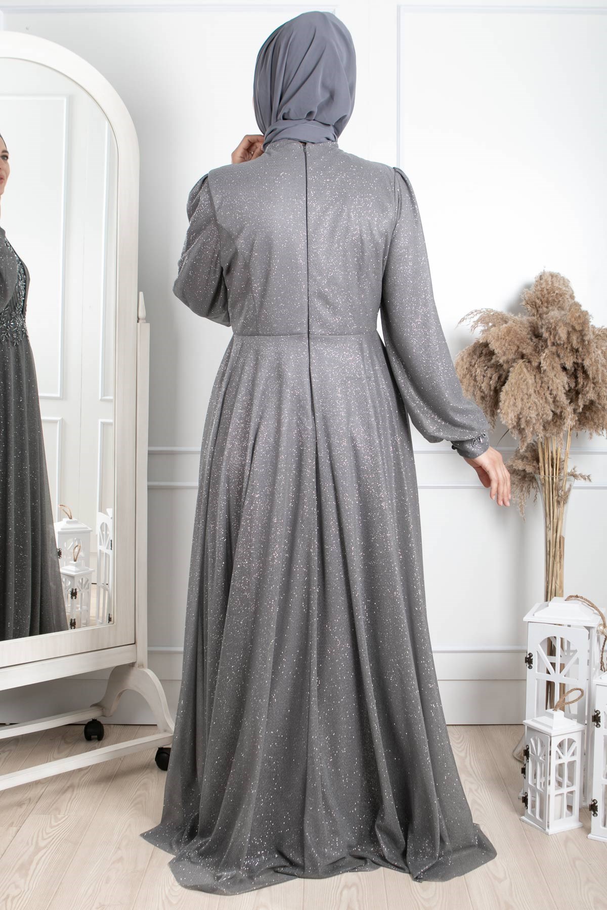 TAŞ İŞLEME DETAYLI SİMLİ ABİYEMDA2258-GÜMÜŞMDA
