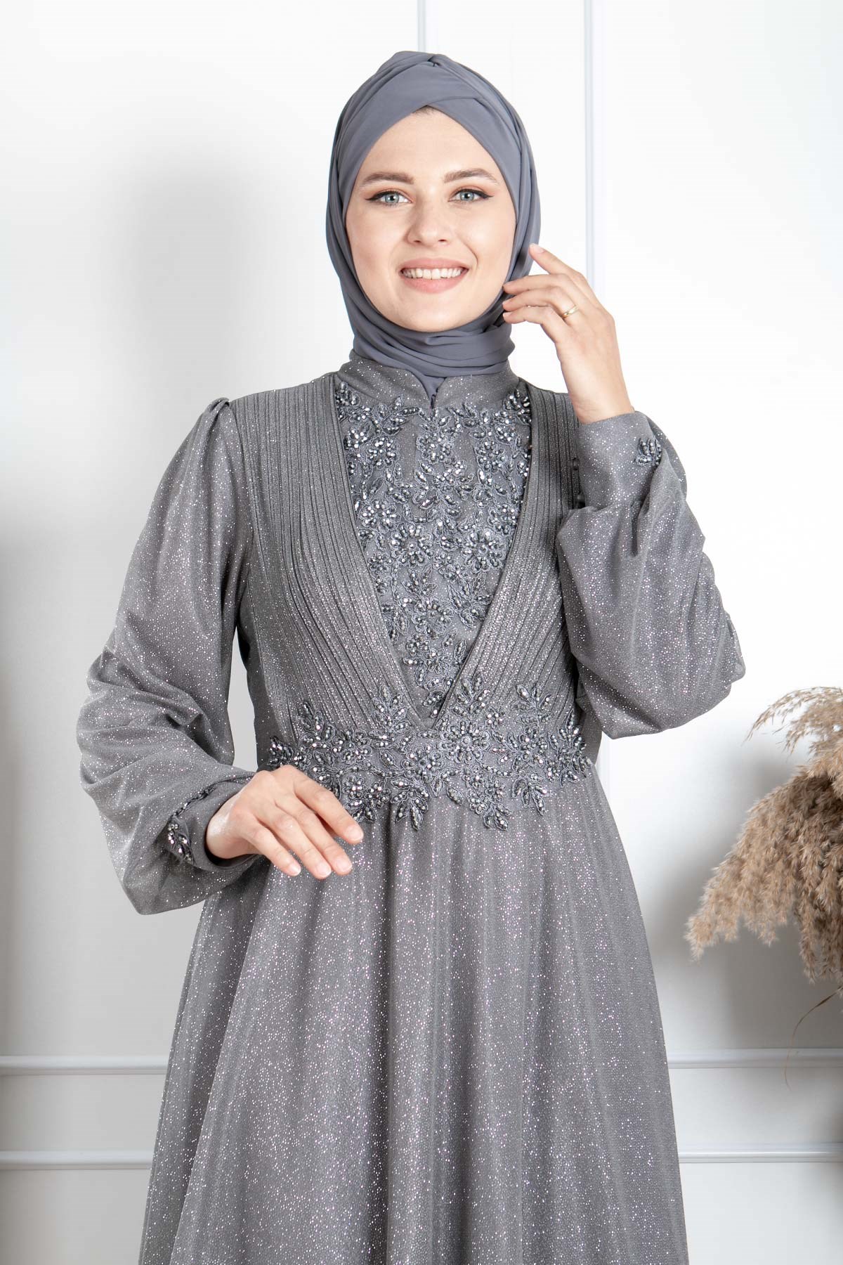 TAŞ İŞLEME DETAYLI SİMLİ ABİYEMDA2258-GÜMÜŞMDA