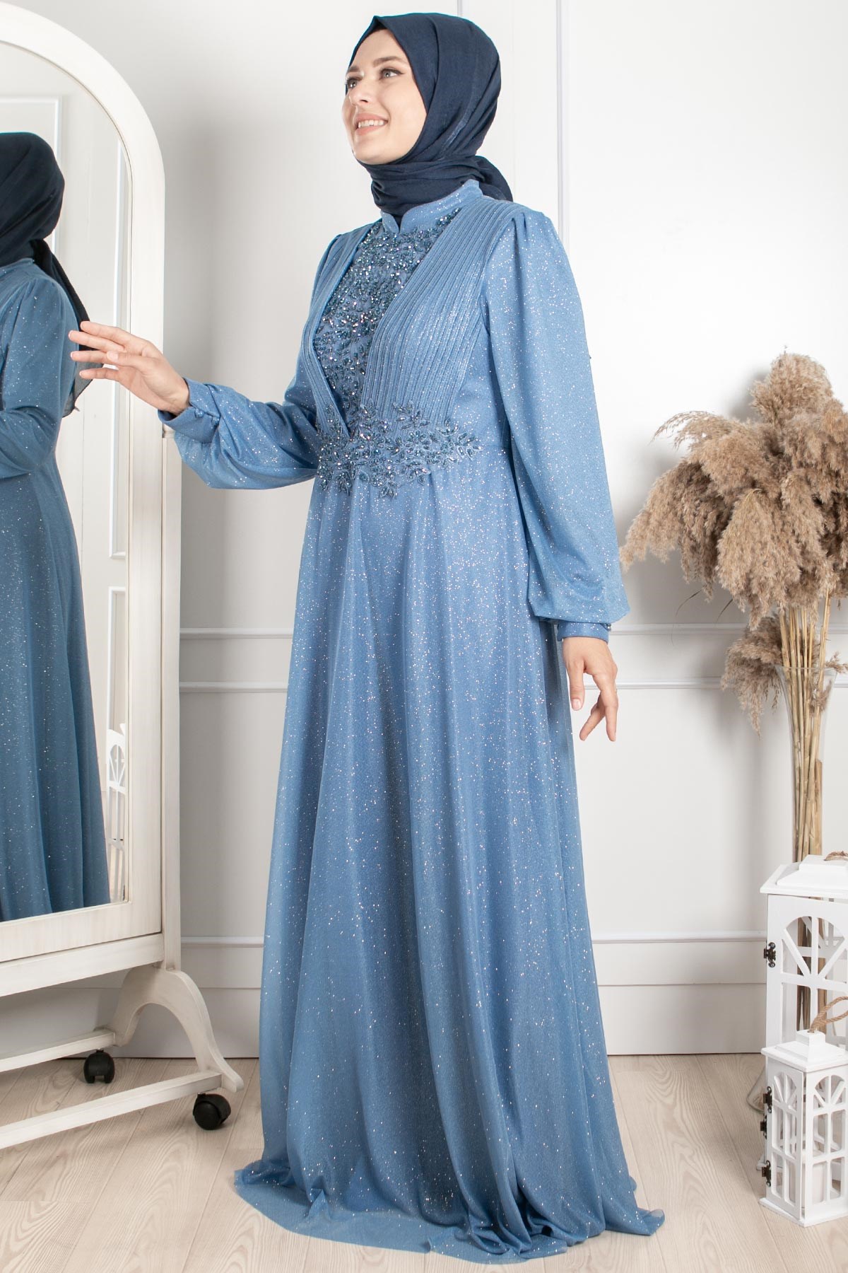 TAŞ İŞLEME DETAYLI SİMLİ ABİYEMDA2258-İNDİGOMDA