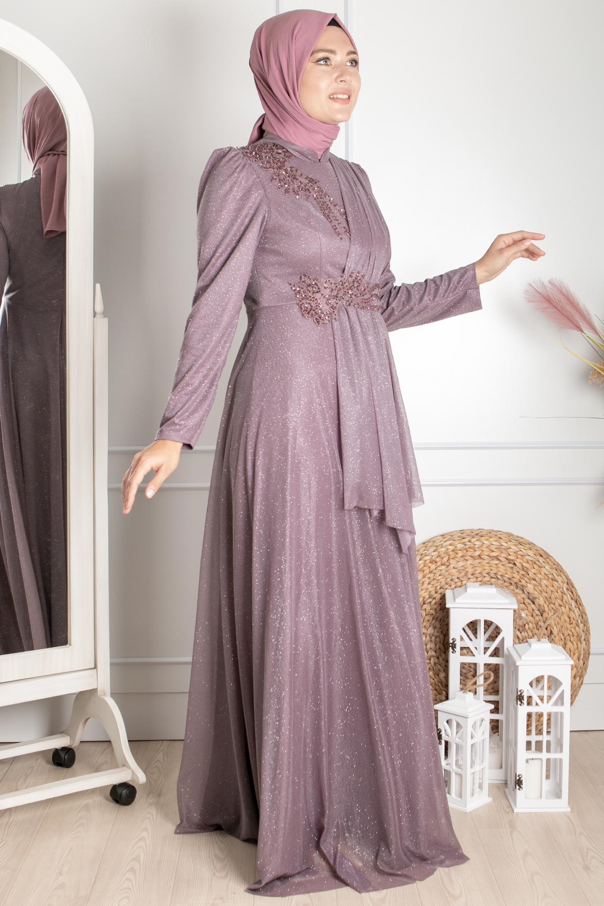 Guipure Detailed Silvery Evening Dress Lavander MDA2260MDA2260-LAVANTAMDA