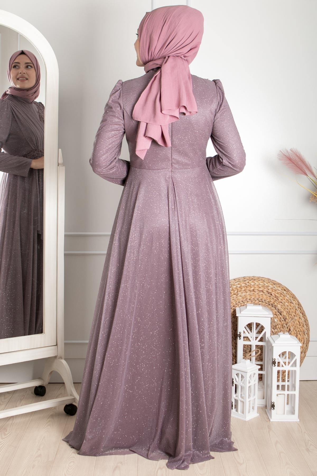 Guipure Detailed Silvery Evening Dress Lavander MDA2260MDA2260-LAVANTAMDA