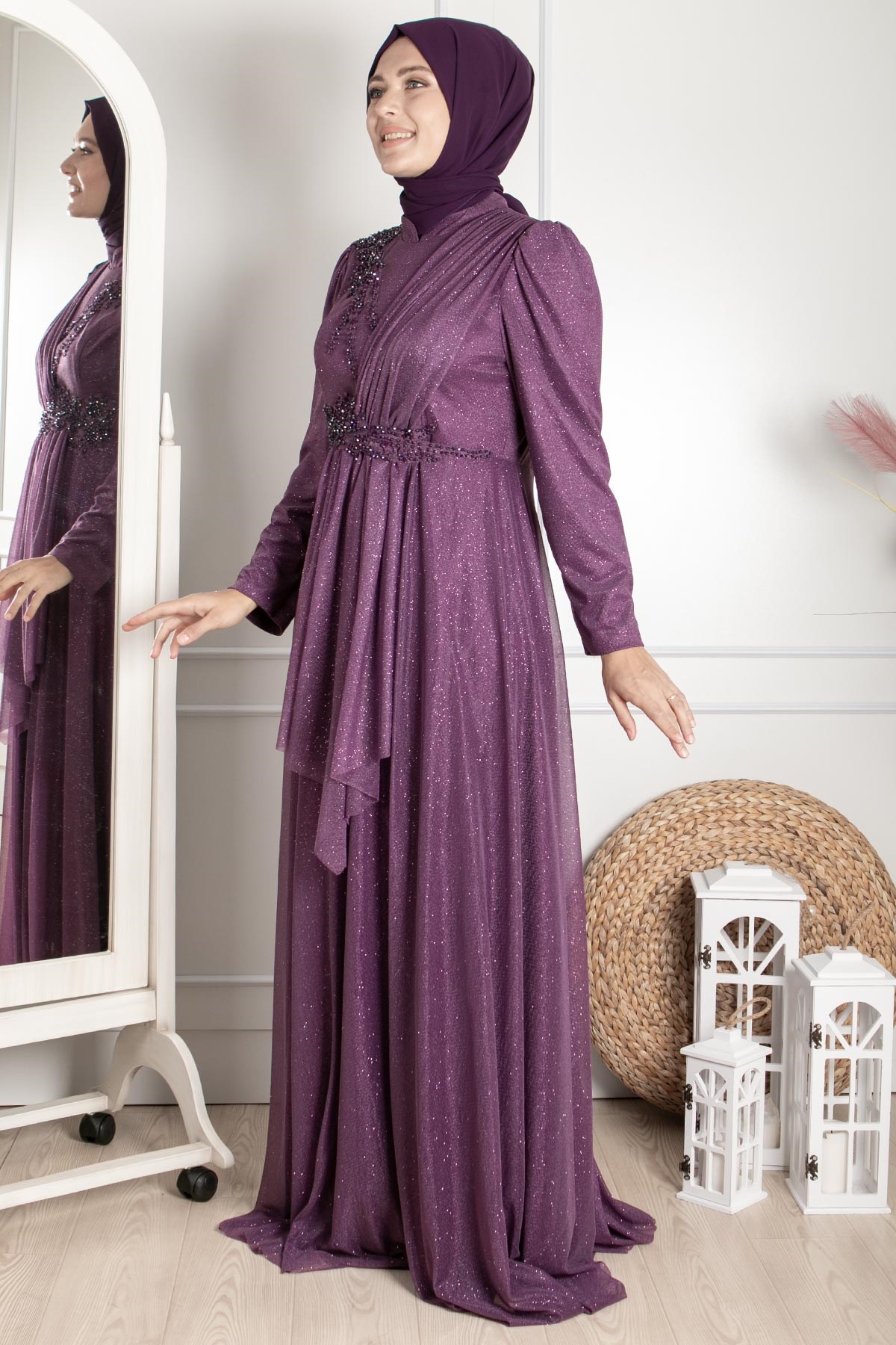 Robe de Soirée Détaillée Guipure Argentée Prune MDA2260MDA2260-MÜRDÜMMDA
