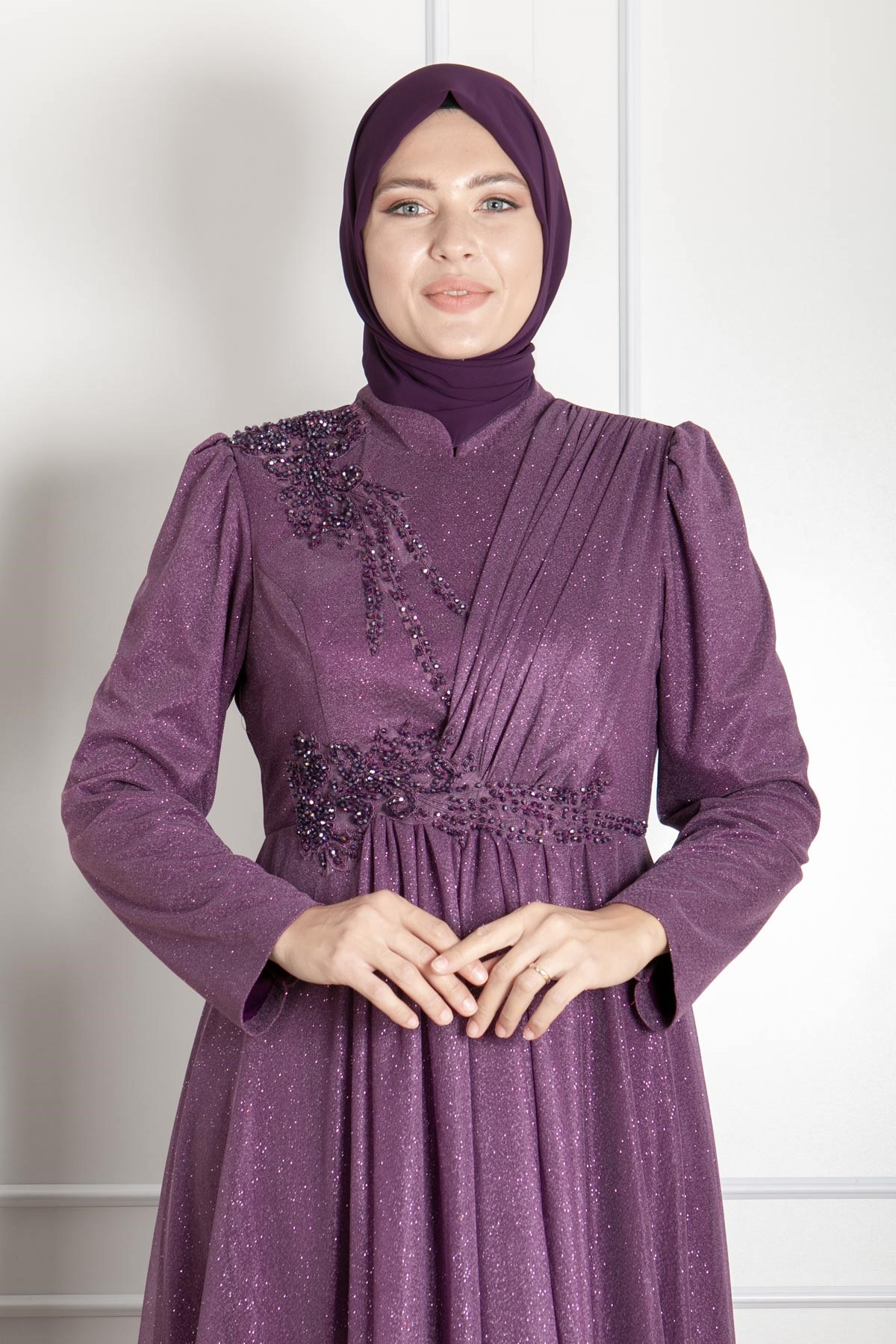 Robe de Soirée Détaillée Guipure Argentée Prune MDA2260MDA2260-MÜRDÜMMDA