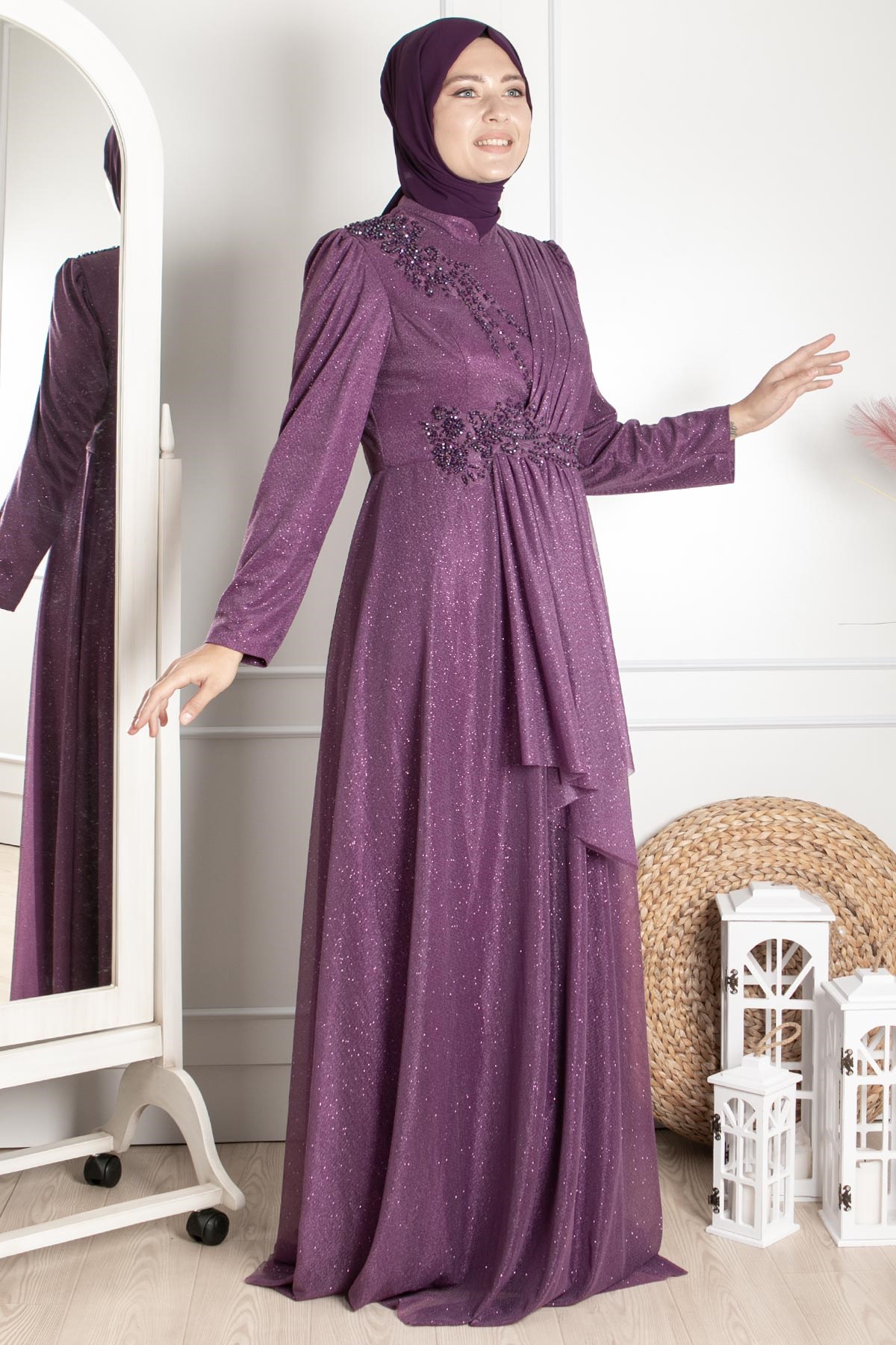 Robe de Soirée Détaillée Guipure Argentée Prune MDA2260MDA2260-MÜRDÜMMDA
