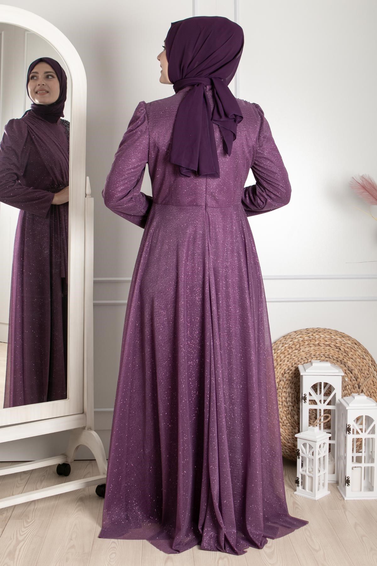 Robe de Soirée Détaillée Guipure Argentée Prune MDA2260MDA2260-MÜRDÜMMDA