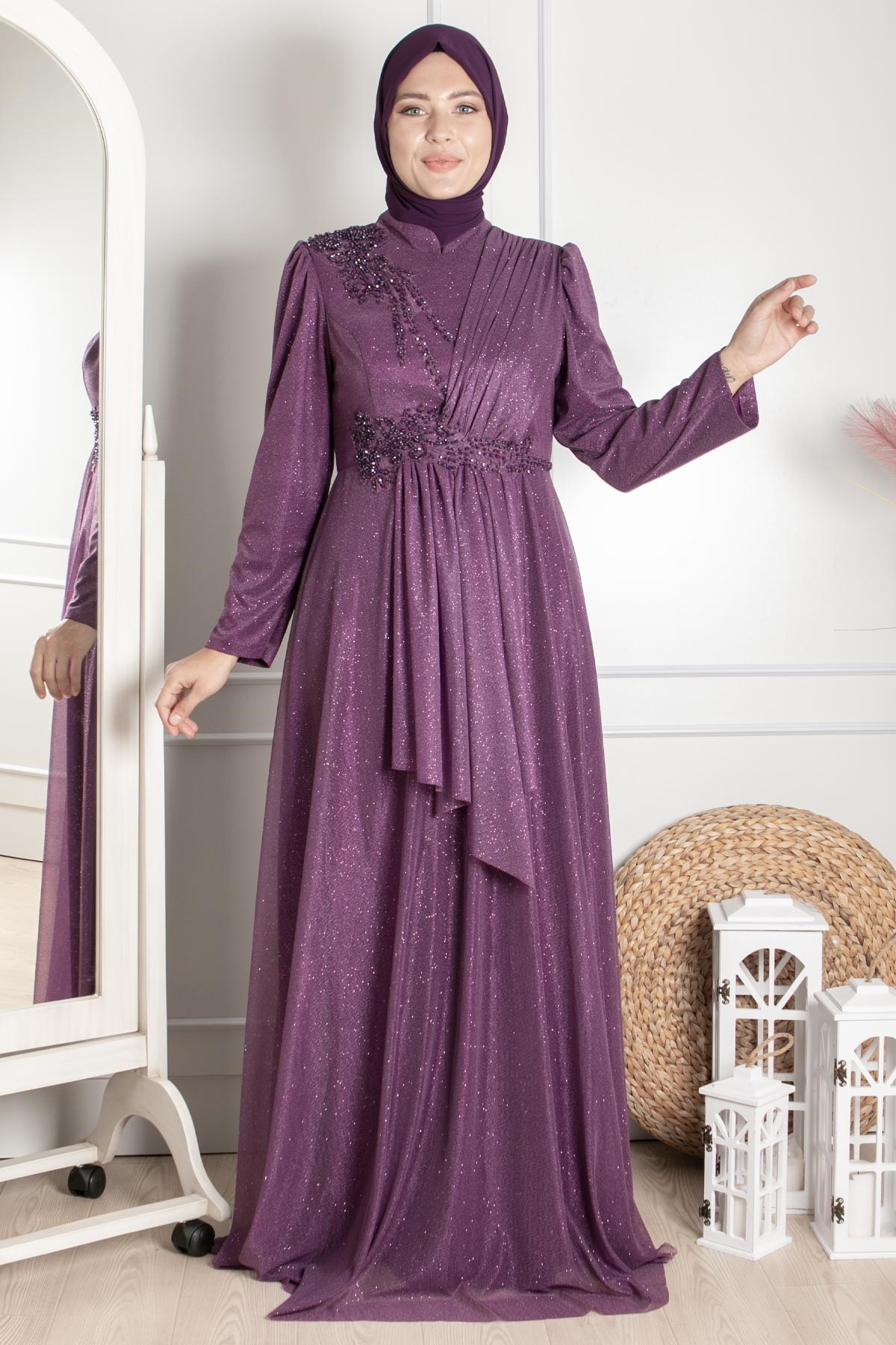 Robe de Soirée Détaillée Guipure Argentée Prune MDA2260MDA2260-MÜRDÜMMDA