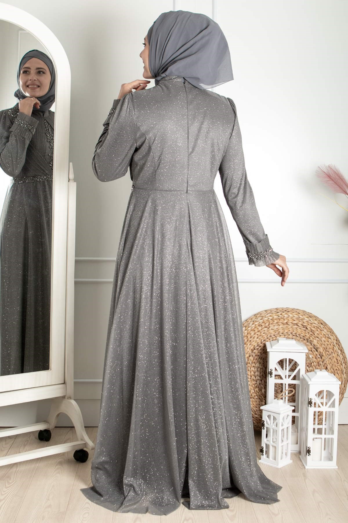 Guipure-detailliertes silbriges Prinzessinnen-Modell-Abendkleid Grau  MDA2262MDA2262-GRİMDA