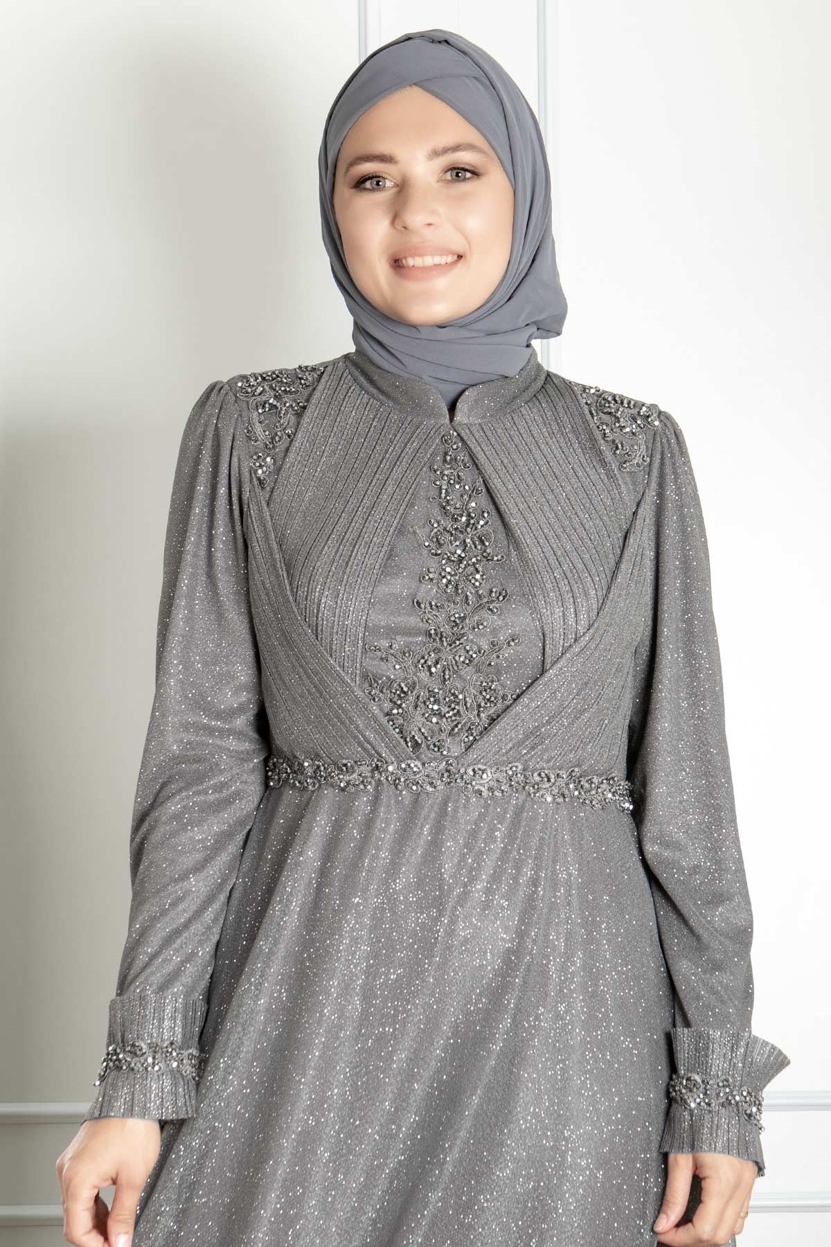Guipure-detailliertes silbriges Prinzessinnen-Modell-Abendkleid Grau  MDA2262MDA2262-GRİMDA