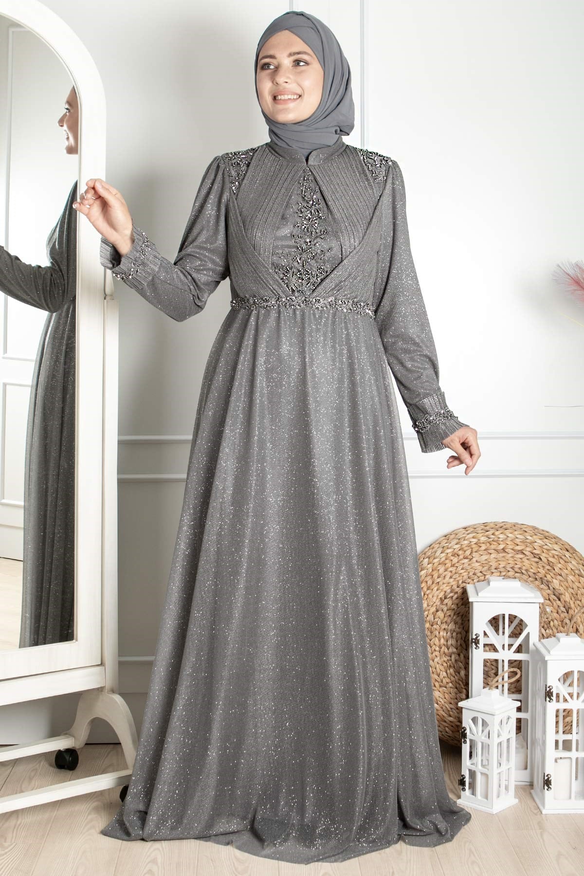 Guipure-detailliertes silbriges Prinzessinnen-Modell-Abendkleid Grau  MDA2262MDA2262-GRİMDA