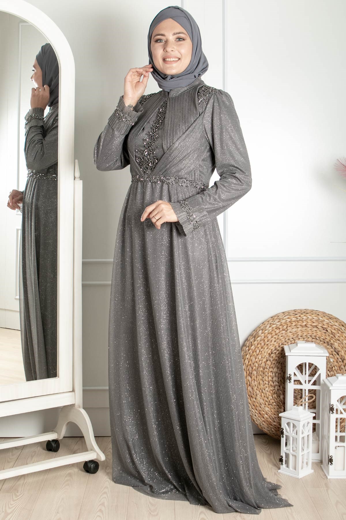 Guipure-detailliertes silbriges Prinzessinnen-Modell-Abendkleid Grau  MDA2262MDA2262-GRİMDA