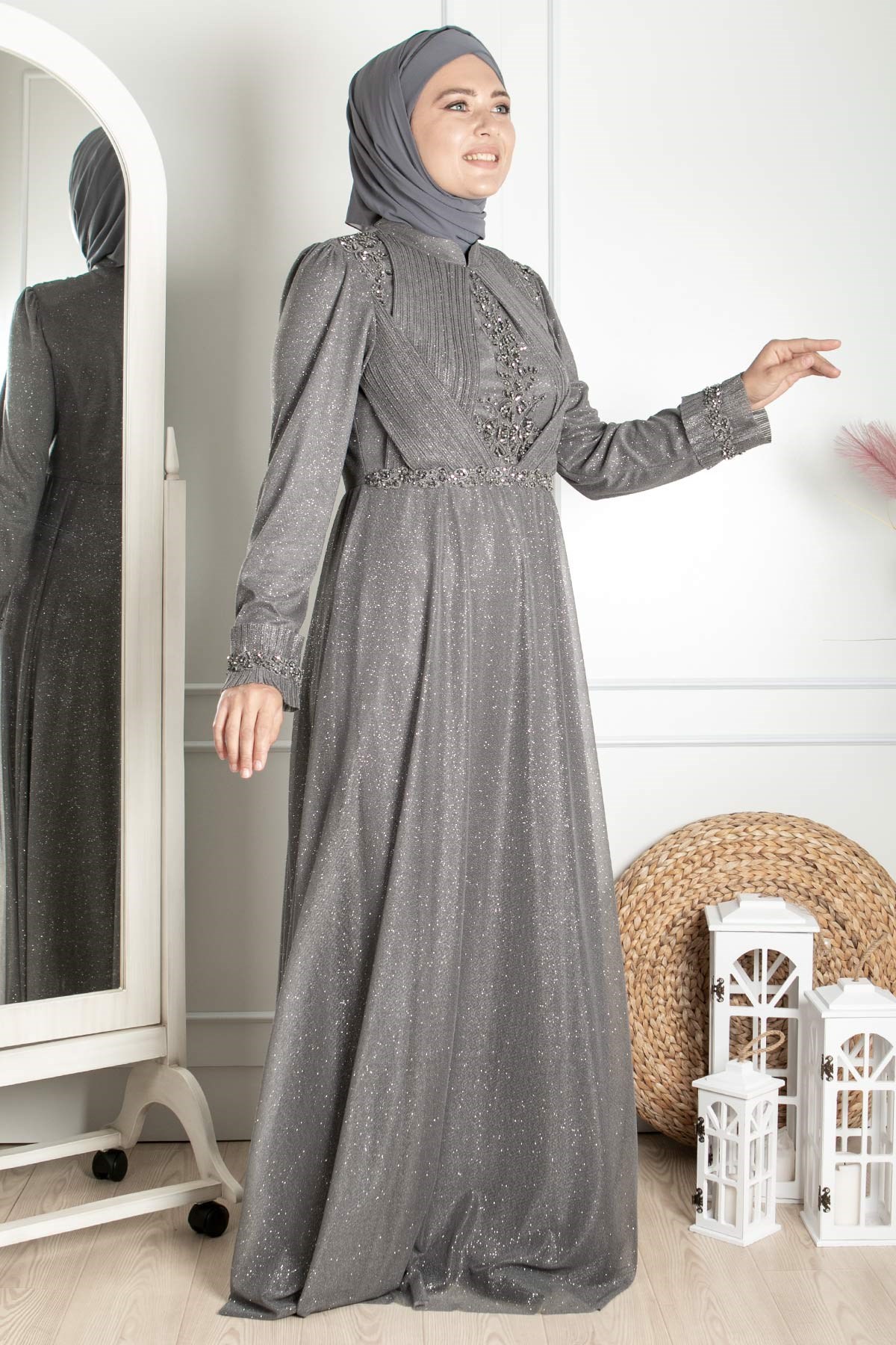 Guipure-detailliertes silbriges Prinzessinnen-Modell-Abendkleid Grau  MDA2262MDA2262-GRİMDA
