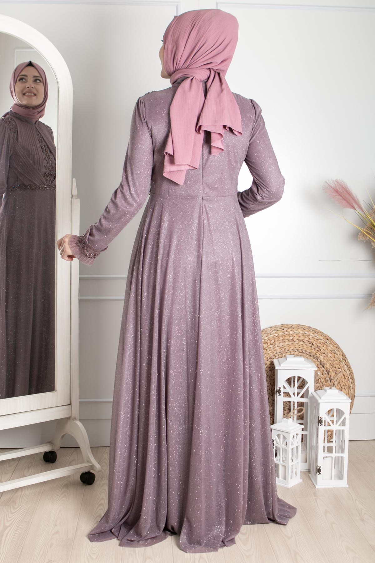 Guipure-detailliertes silbriges Prinzessinnen-Modell-Abendkleid Flieder  MDA2262MDA2262-LAVANTAMDA