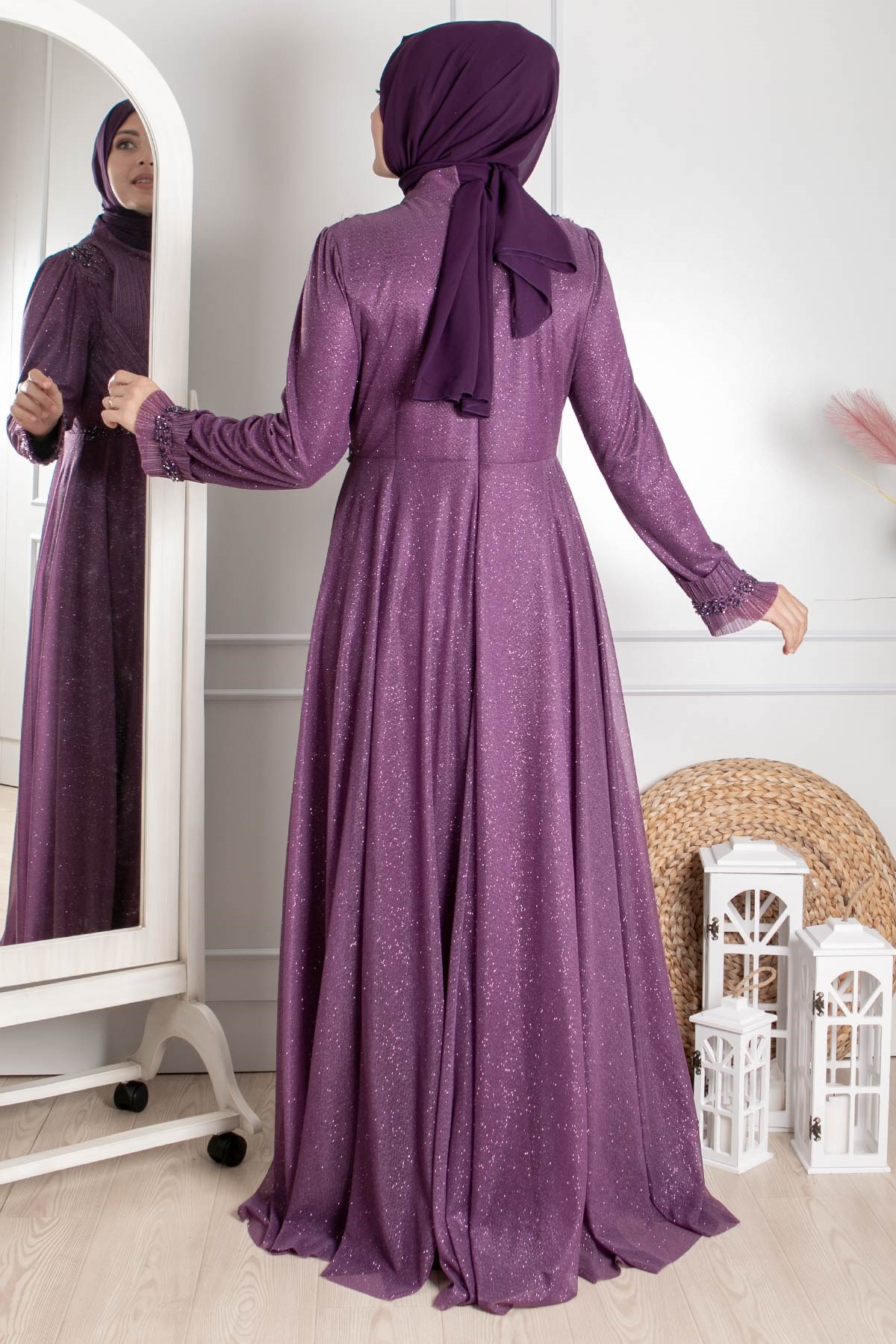 Guipure-detailliertes silbriges Prinzessinnen-Modell-Abendkleid Pflaume MDA2262MDA2262-MÜRDÜMMDA