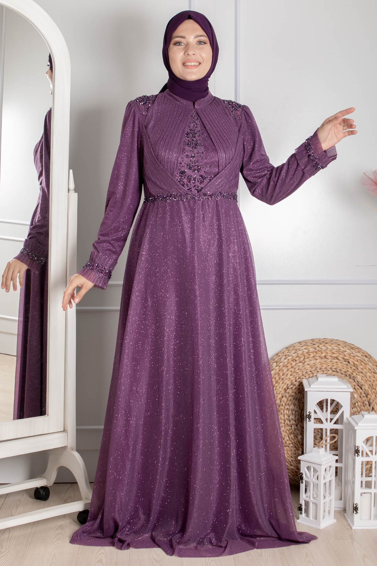 Guipure-detailliertes silbriges Prinzessinnen-Modell-Abendkleid Pflaume MDA2262MDA2262-MÜRDÜMMDA