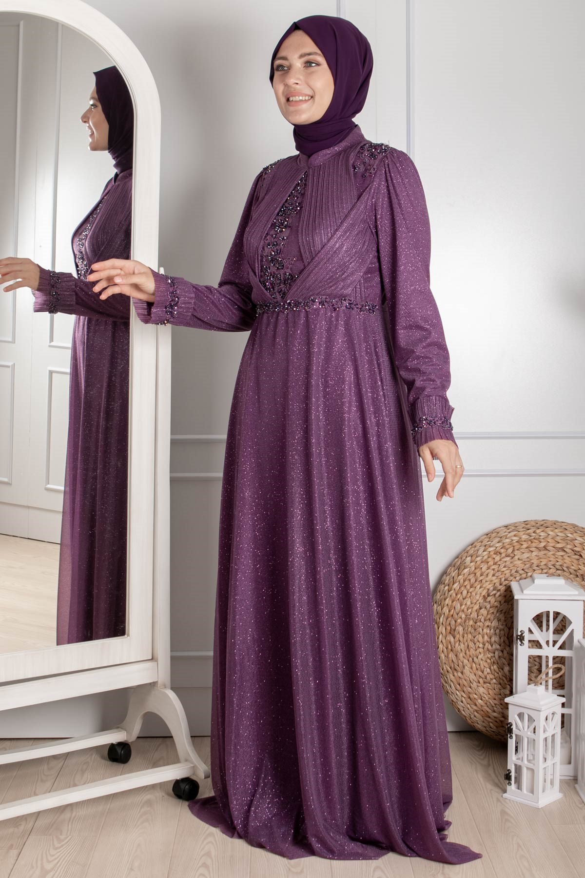 Guipure-detailliertes silbriges Prinzessinnen-Modell-Abendkleid Pflaume MDA2262MDA2262-MÜRDÜMMDA