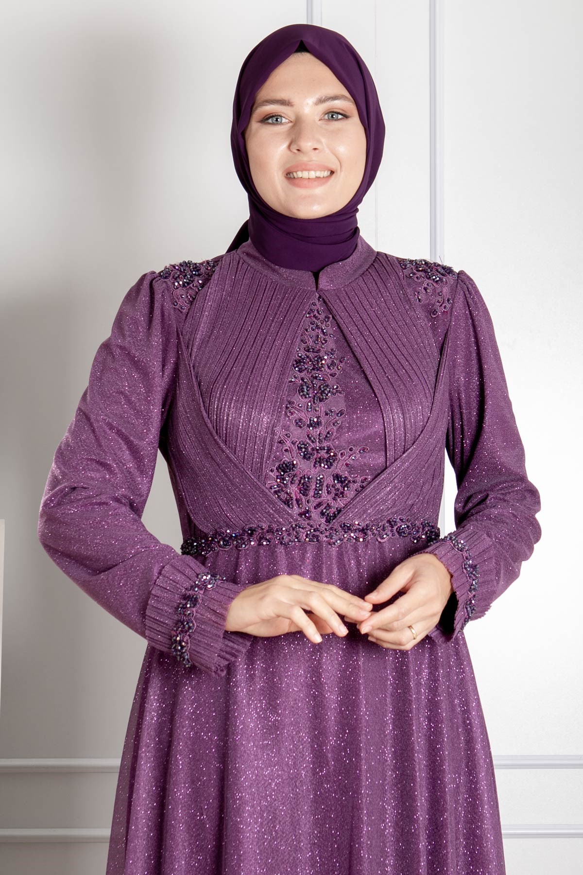 Guipure-detailliertes silbriges Prinzessinnen-Modell-Abendkleid Pflaume MDA2262MDA2262-MÜRDÜMMDA