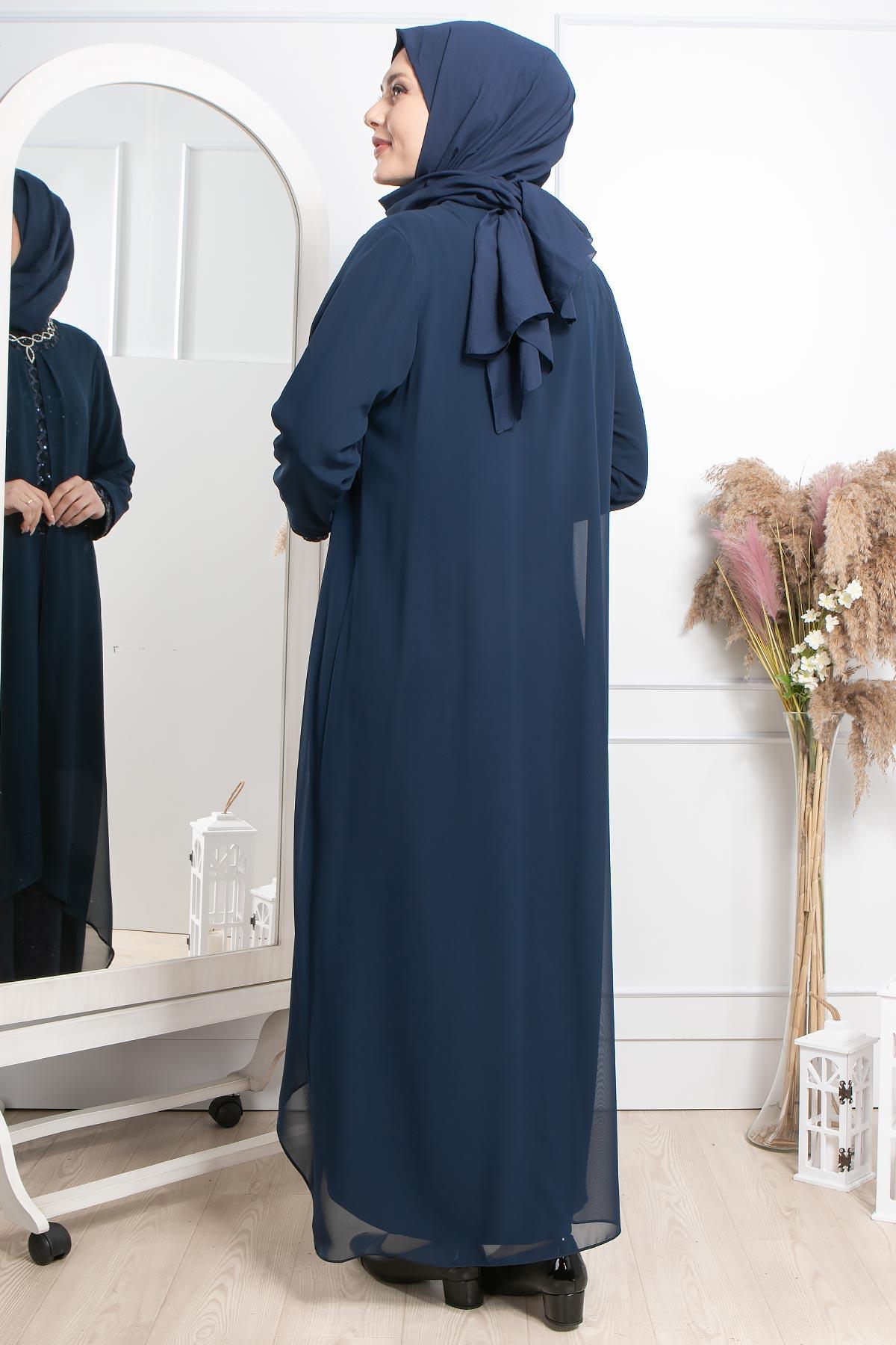 TAŞ İŞLEME DETAYLI PAYETLİ ELBİSE MDA2301-LACİVERTMDA