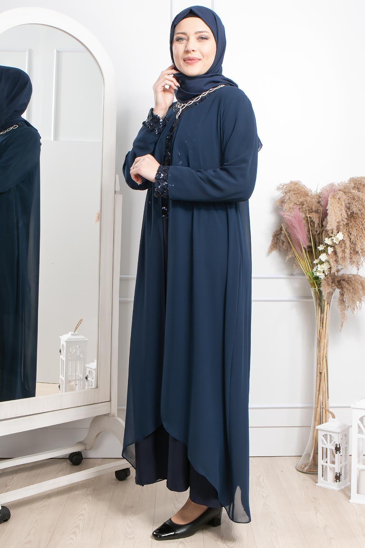 TAŞ İŞLEME DETAYLI PAYETLİ ELBİSE MDA2301-LACİVERTMDA